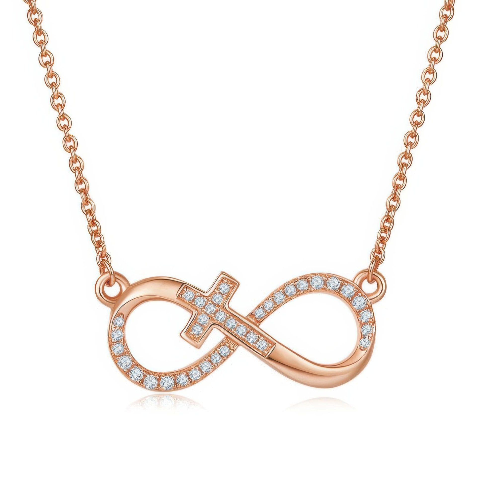 Cross Infinity Moissanite Necklace | Pave Sideways Infinity with Center Cross | 925 Sterling Silver, 3 Gold Tones - Image 5
