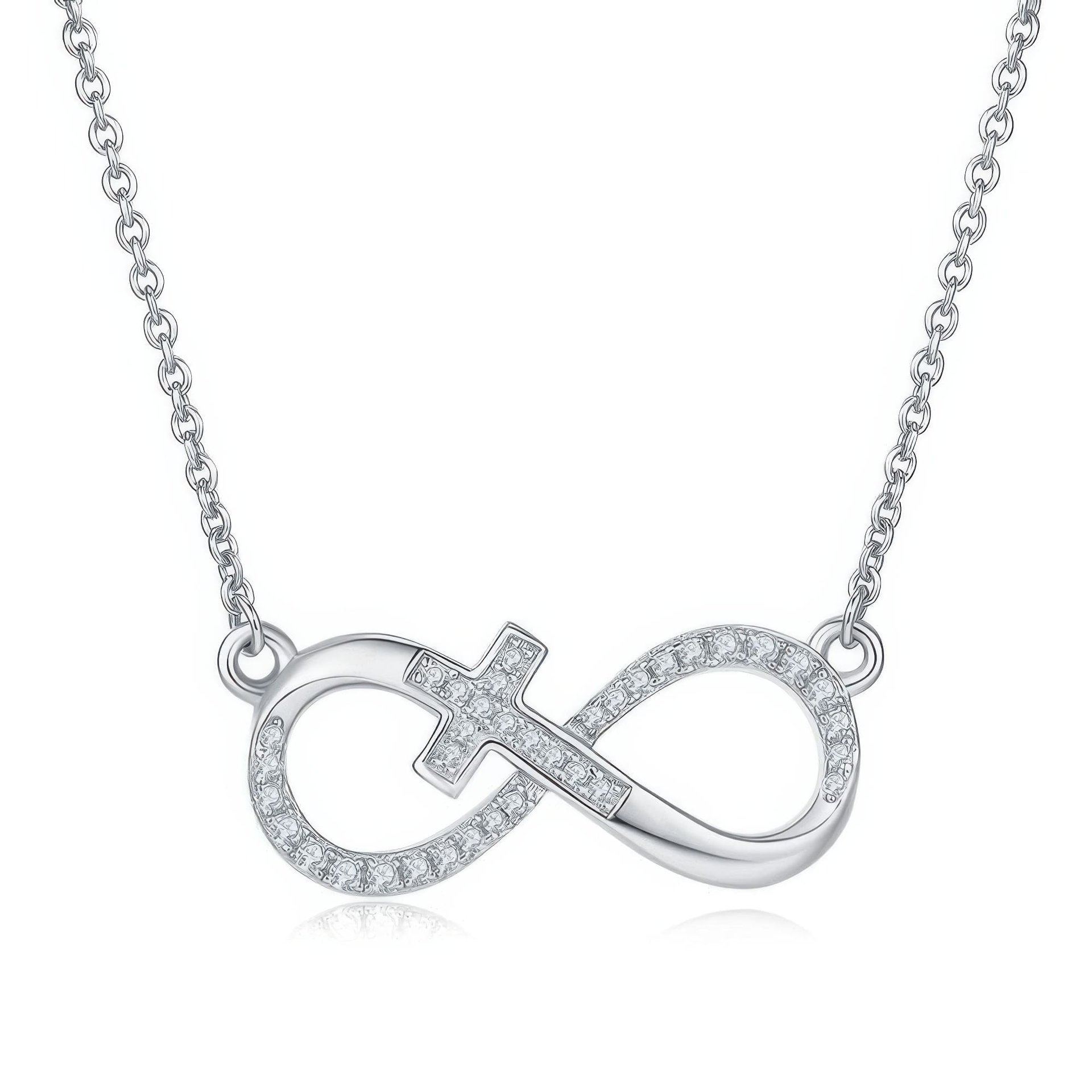 Cross Infinity Moissanite Necklace | Pave Sideways Infinity with Center Cross | 925 Sterling Silver, 3 Gold Tones