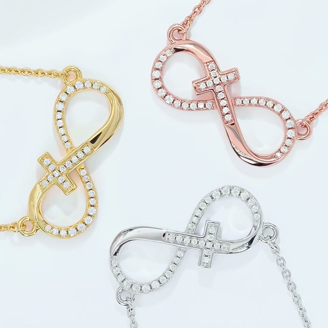 Cross Infinity Moissanite Necklace | Pave Sideways Infinity with Center Cross | 925 Sterling Silver, 3 Gold Tones product video thumbnail