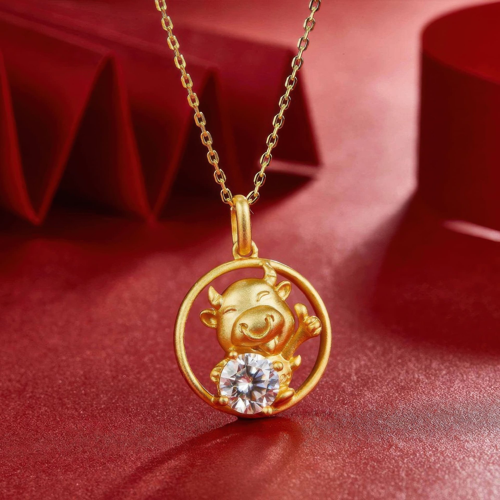Chinese Zodiac Ox Moissanite Pendant | 22K Gold-Plated 925 Silver | Round DEF Stone - Image 3
