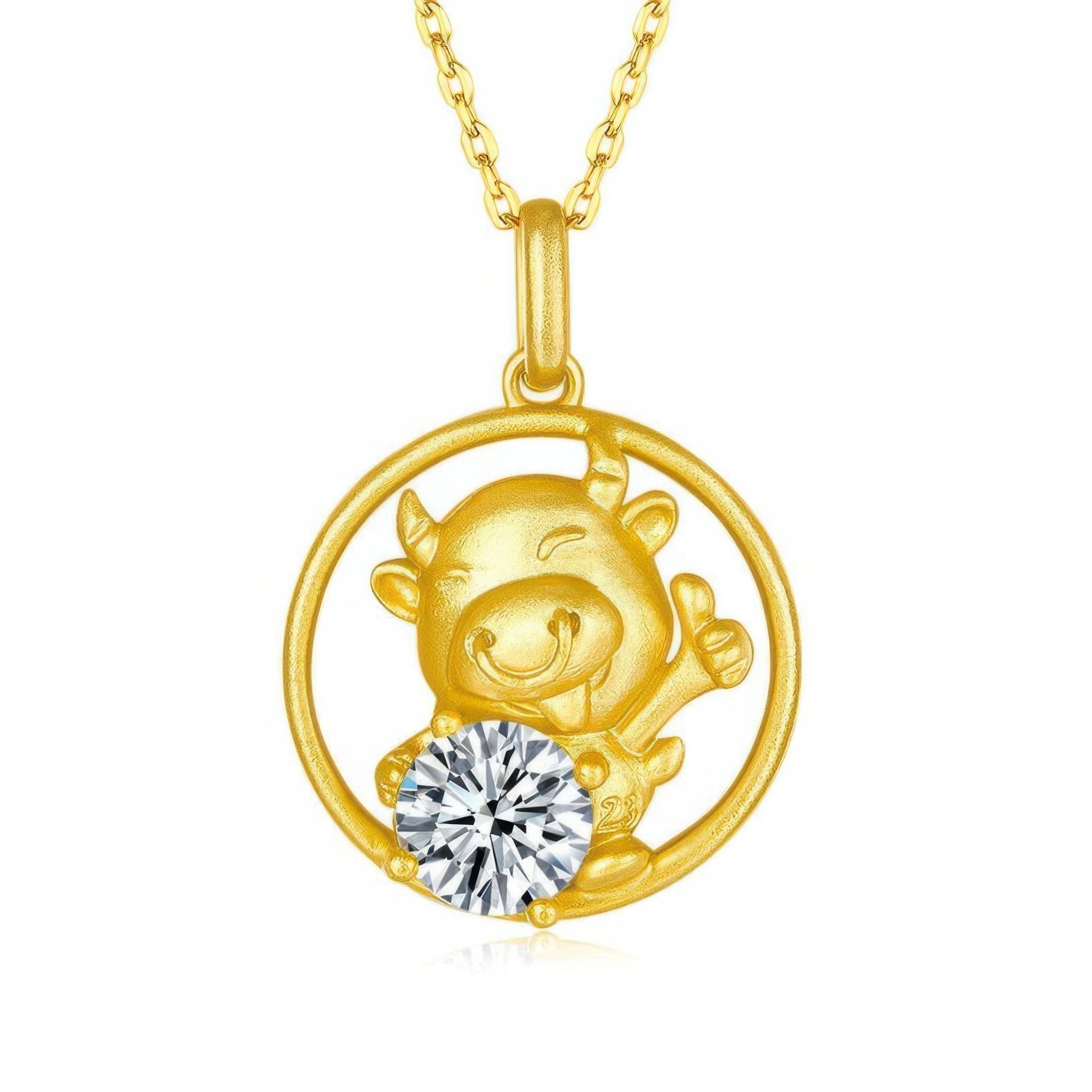 Chinese Zodiac Ox Moissanite Pendant | 22K Gold-Plated 925 Silver | Round DEF Stone