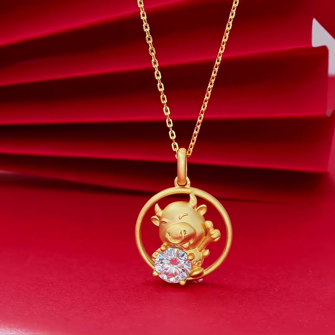 Chinese Zodiac Ox Moissanite Pendant | 22K Gold-Plated 925 Silver | Round DEF Stone product video thumbnail