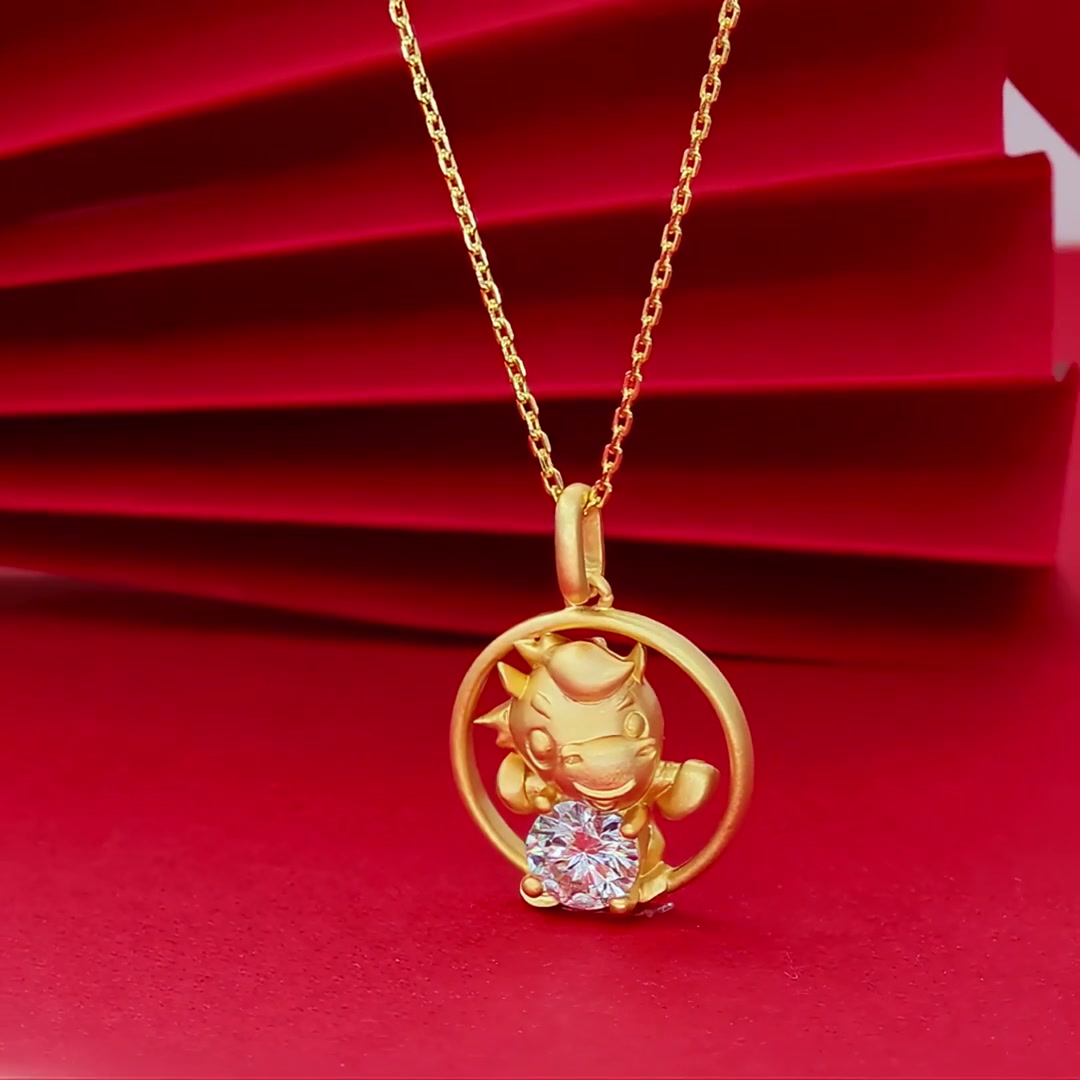 Chinese Zodiac Ox Moissanite Necklace | 22K Gold Plated 925 Silver Pendant product video thumbnail