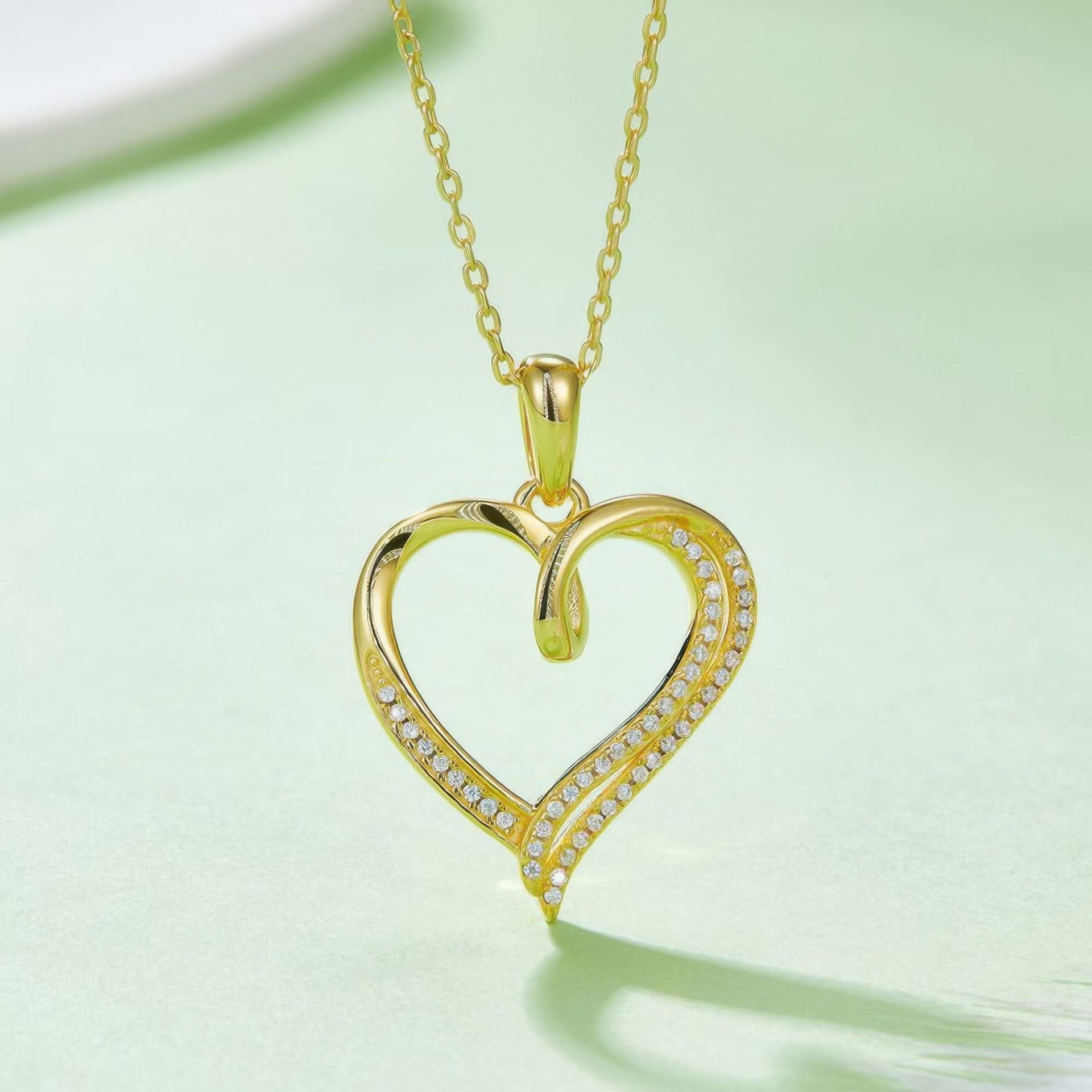 Ribbon Twist Heart Moissanite Pendant Necklace | Sterling Silver Open Heart with Looped Crossover Top | 3 Plating Options -...
