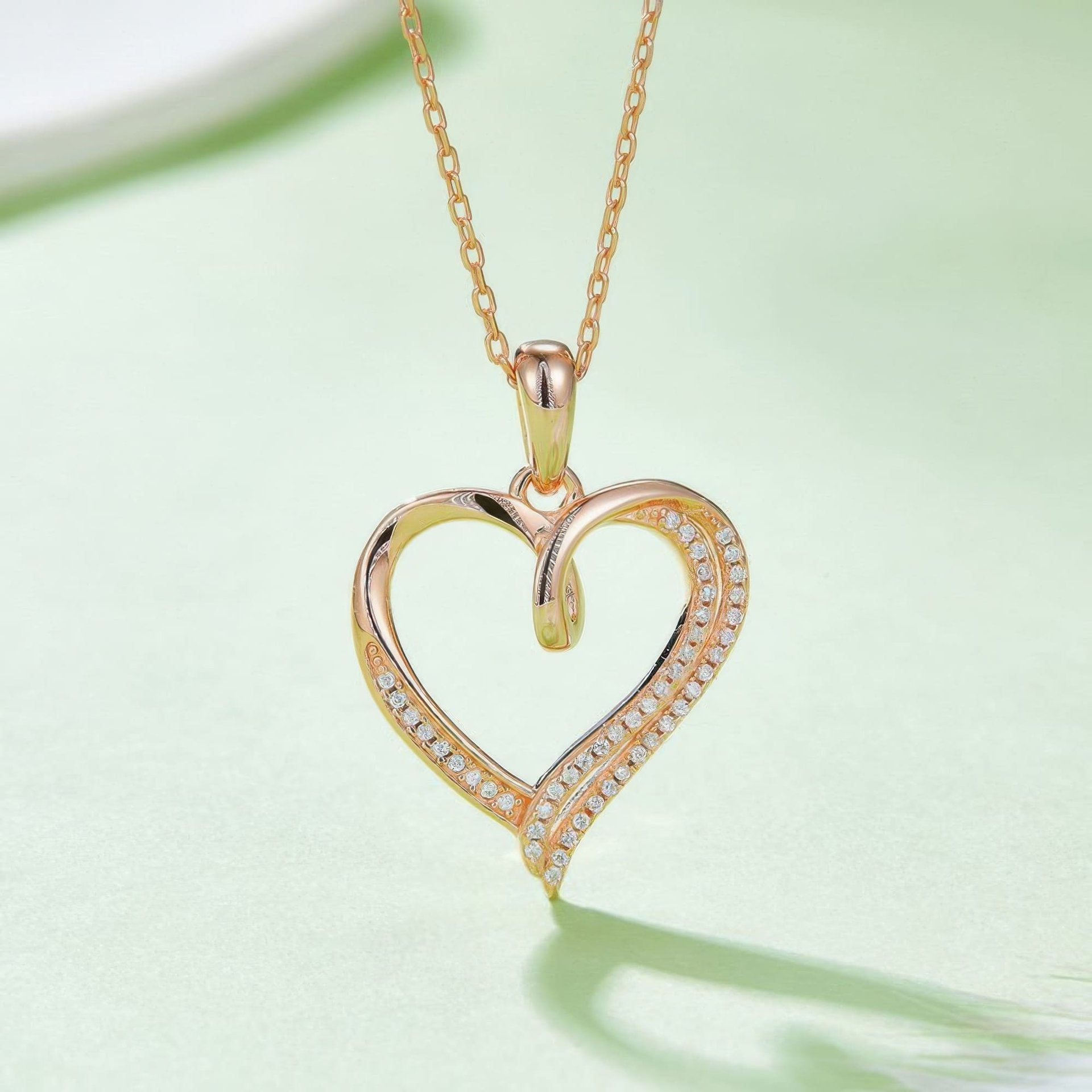 Ribbon Twist Heart Moissanite Pendant Necklace | Sterling Silver Open Heart with Looped Crossover Top | 3 Plating Options -...