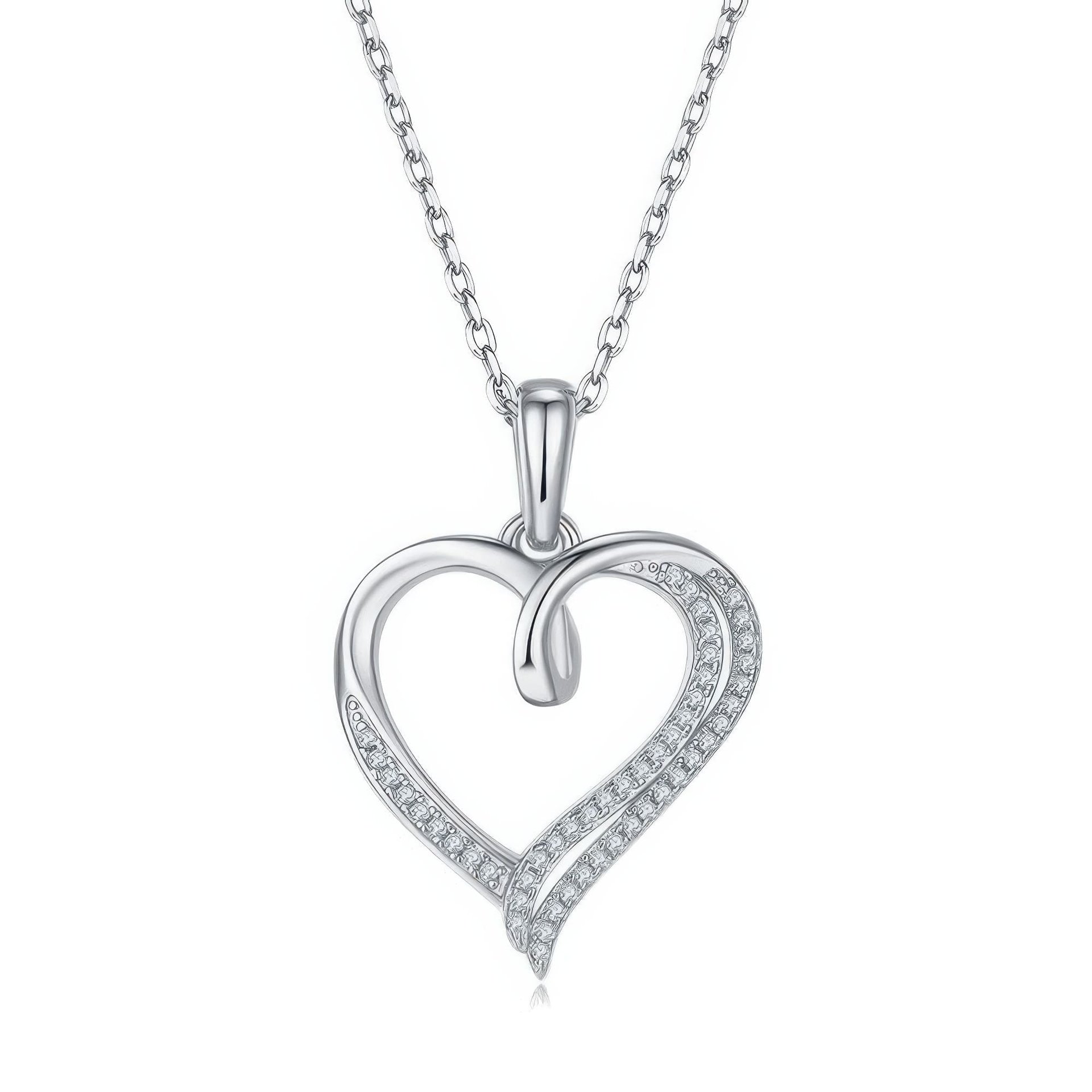Ribbon Twist Heart Moissanite Pendant Necklace | Sterling Silver Open Heart with Looped Crossover Top | 3 Plating Options