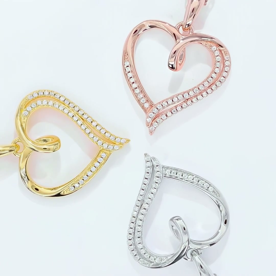 Ribbon Twist Heart Moissanite Pendant Necklace | Sterling Silver Open Heart with Looped Crossover Top | 3 Plating Options product video thumbnail