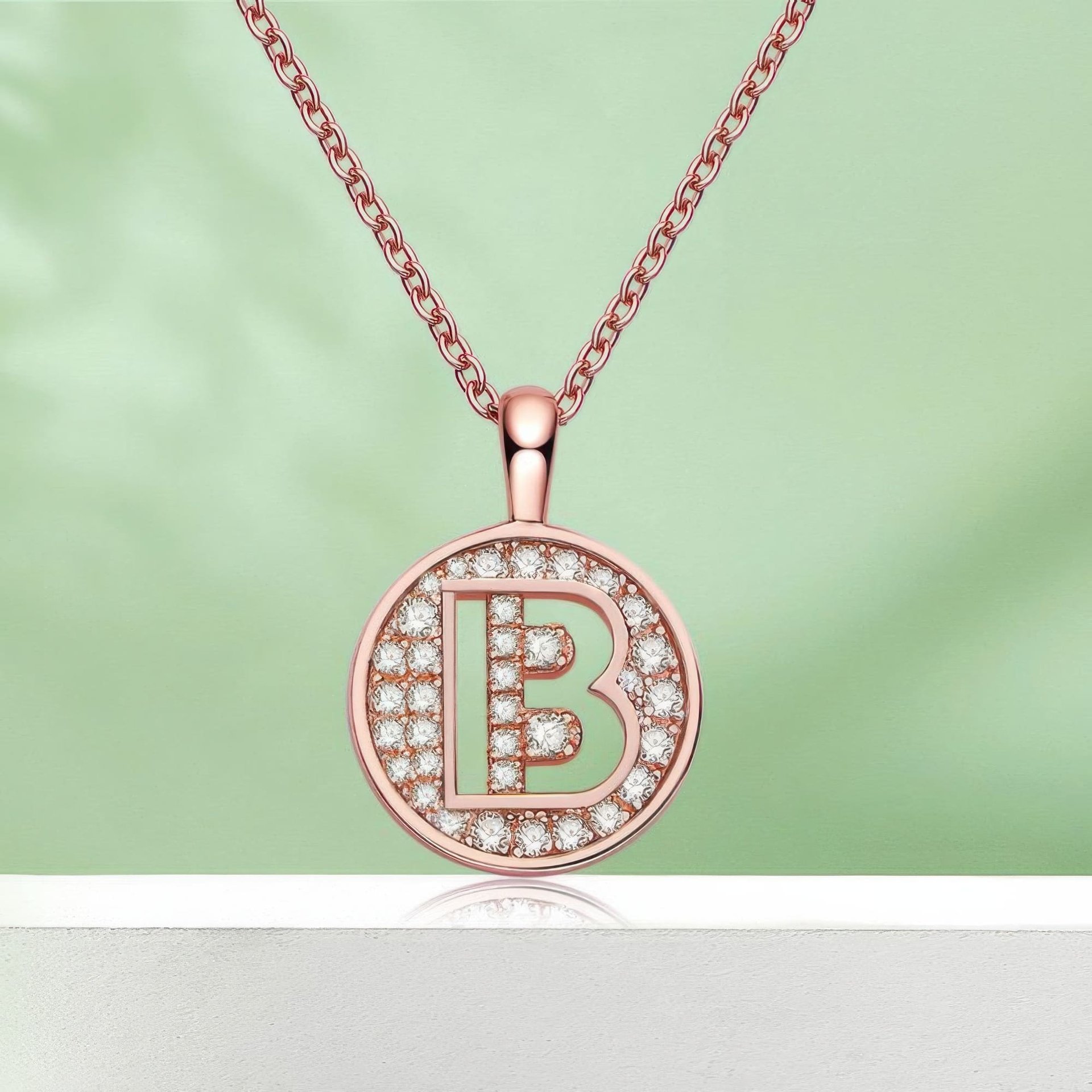 Initial B Moissanite Disc Necklace | Rose Gold Plated Sterling Silver Pavé Letter Pendant - Image 4