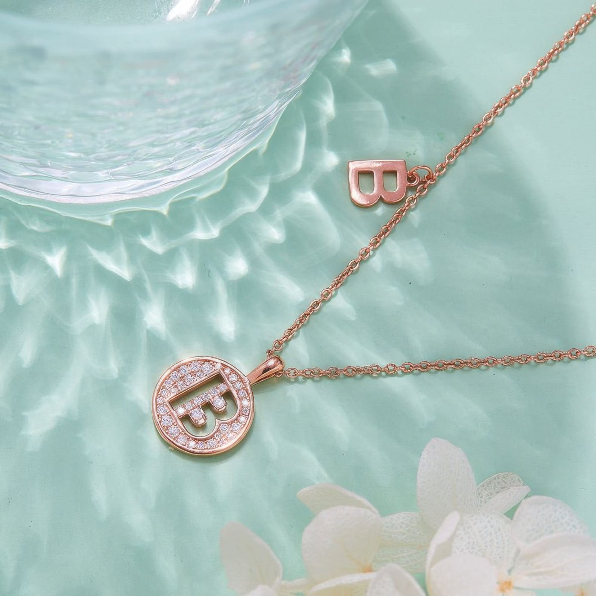 Initial B Moissanite Disc Necklace | Rose Gold Plated Sterling Silver Pavé Letter Pendant - alternate view