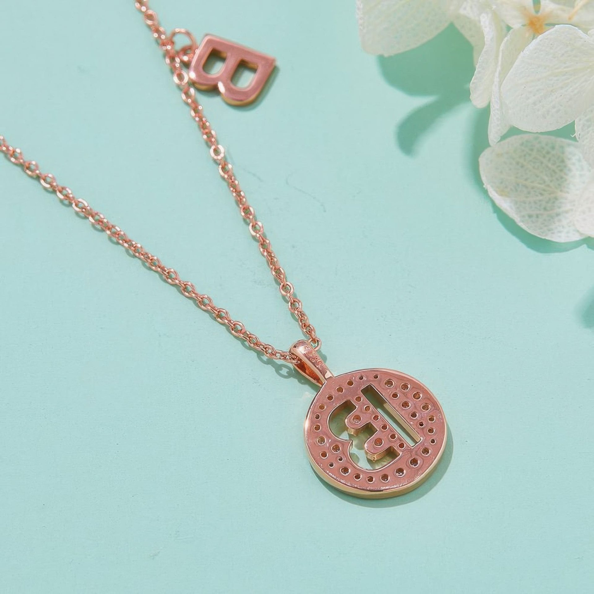 Initial B Moissanite Disc Necklace | Rose Gold Plated Sterling Silver Pavé Letter Pendant - Image 3