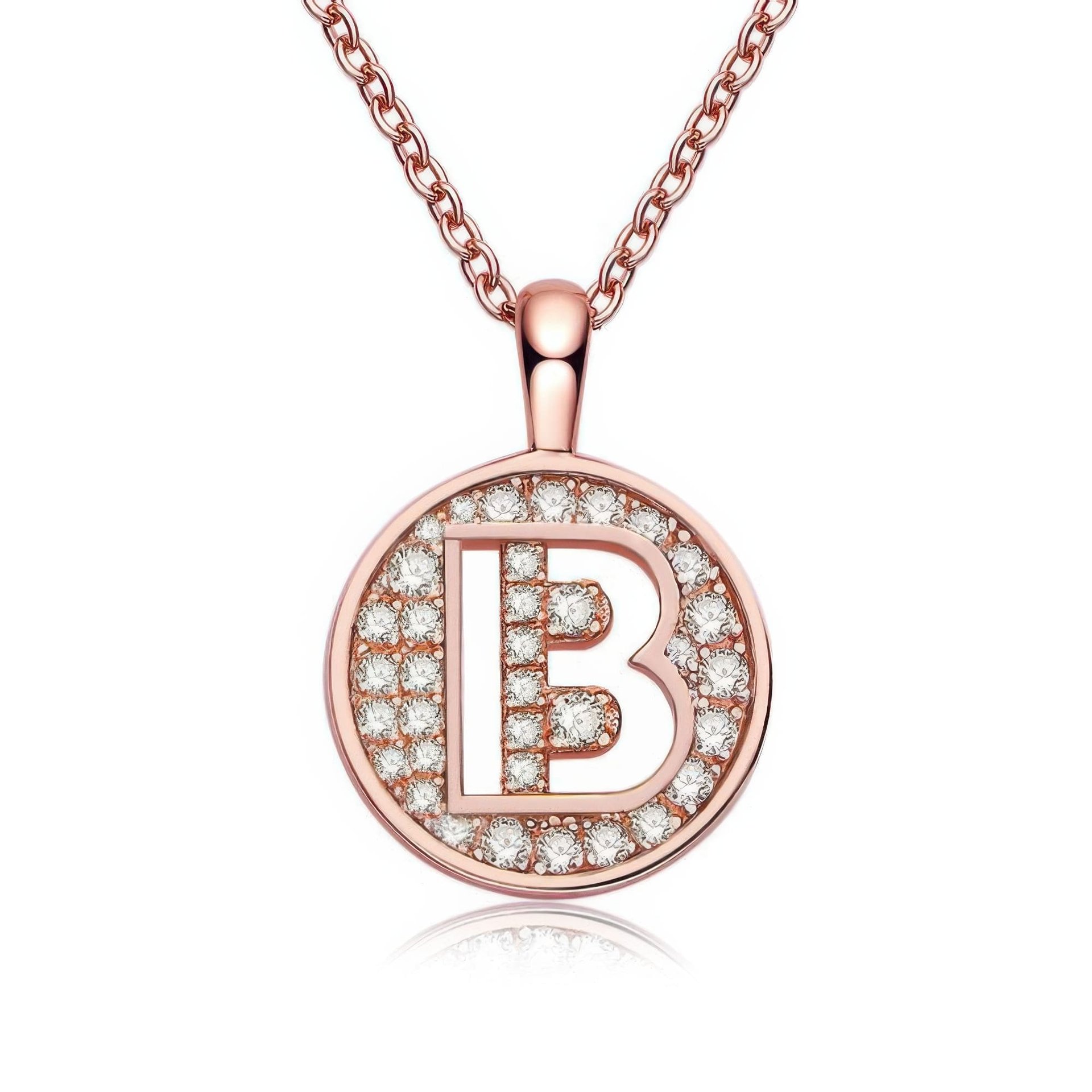 Initial B Moissanite Disc Necklace | Rose Gold Plated Sterling Silver Pavé Letter Pendant