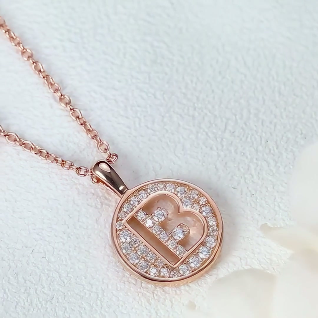 Initial B Moissanite Disc Necklace | Rose Gold Plated Sterling Silver Pavé Letter Pendant product video thumbnail