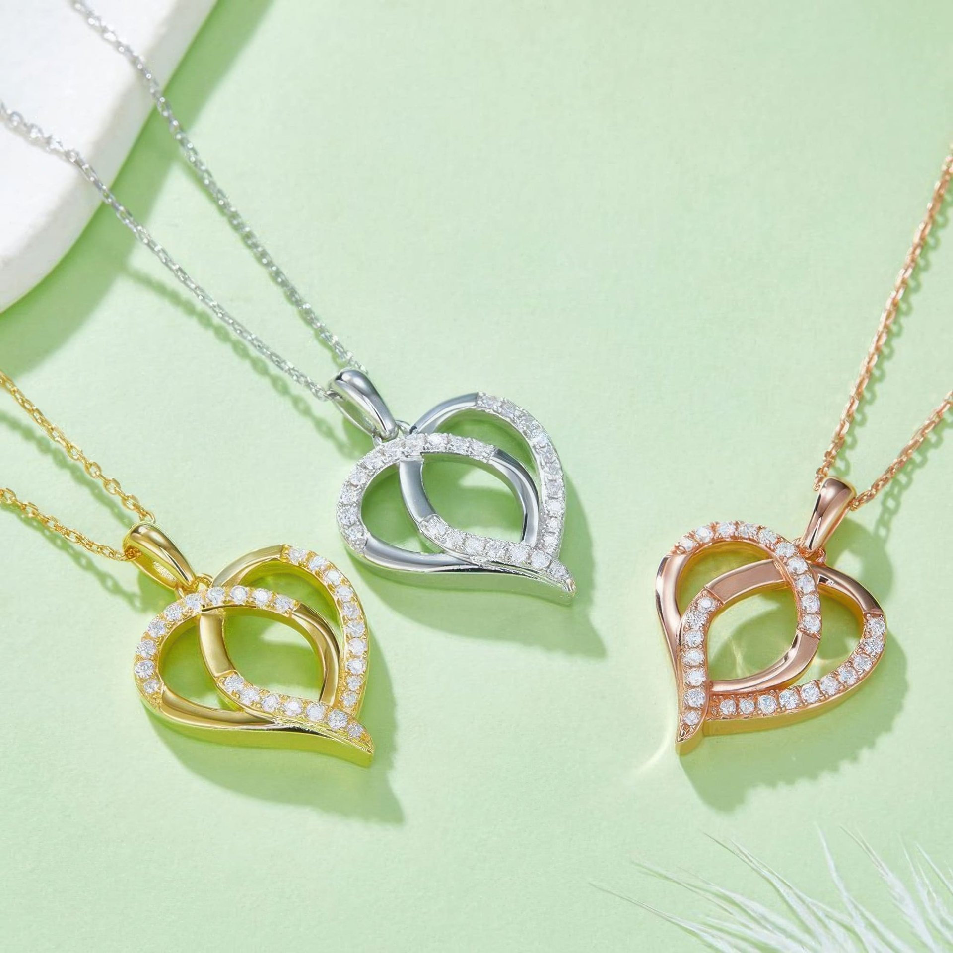 Heart Moissanite Pendant Necklace | Interlocking Pavé Loops 925 Silver | 3 Gold Tones - alternate view