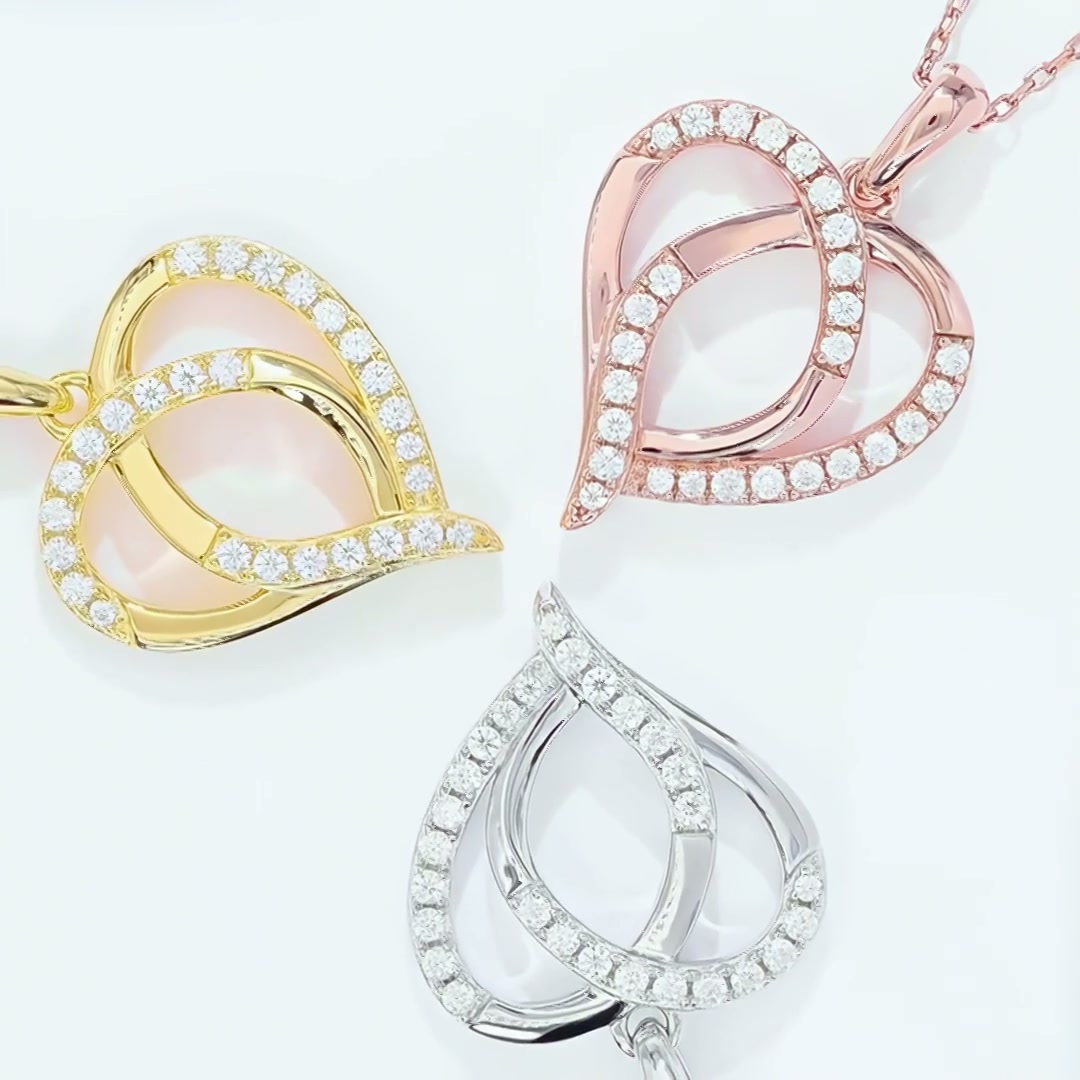 Heart Moissanite Pendant Necklace | Interlocking Pavé Loops 925 Silver | 3 Gold Tones product video thumbnail