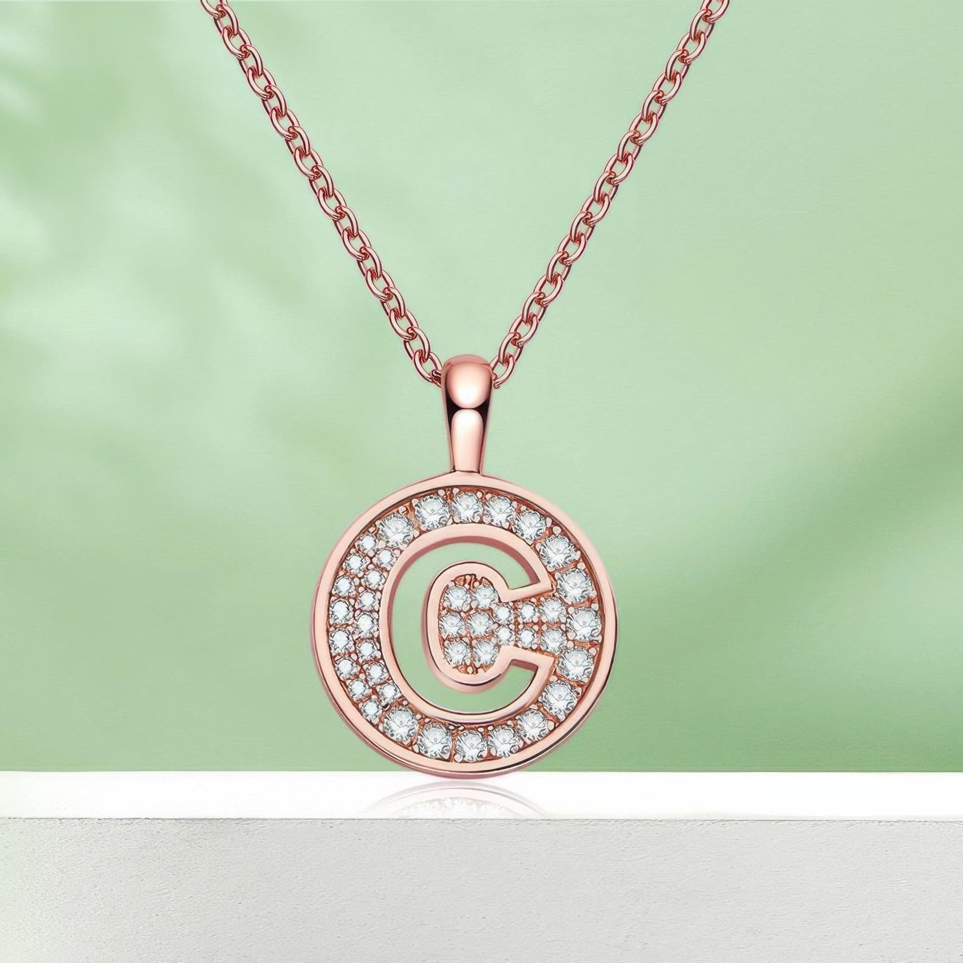 Initial C Moissanite Necklace | Pavé Round Disc Pendant | Rose Gold Plated 925 Silver - Image 4
