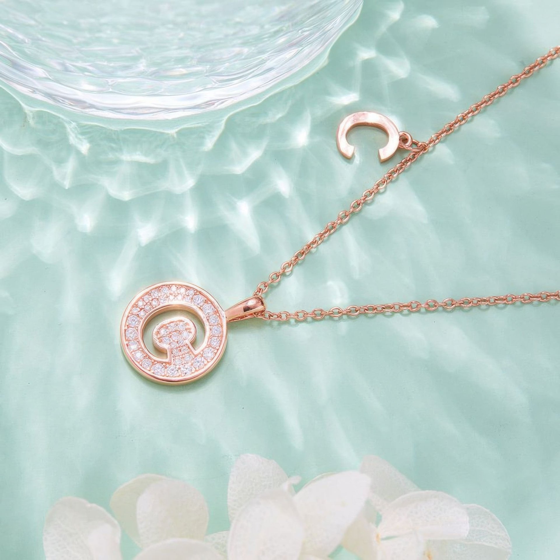 Initial C Moissanite Necklace | Pavé Round Disc Pendant | Rose Gold Plated 925 Silver - alternate view