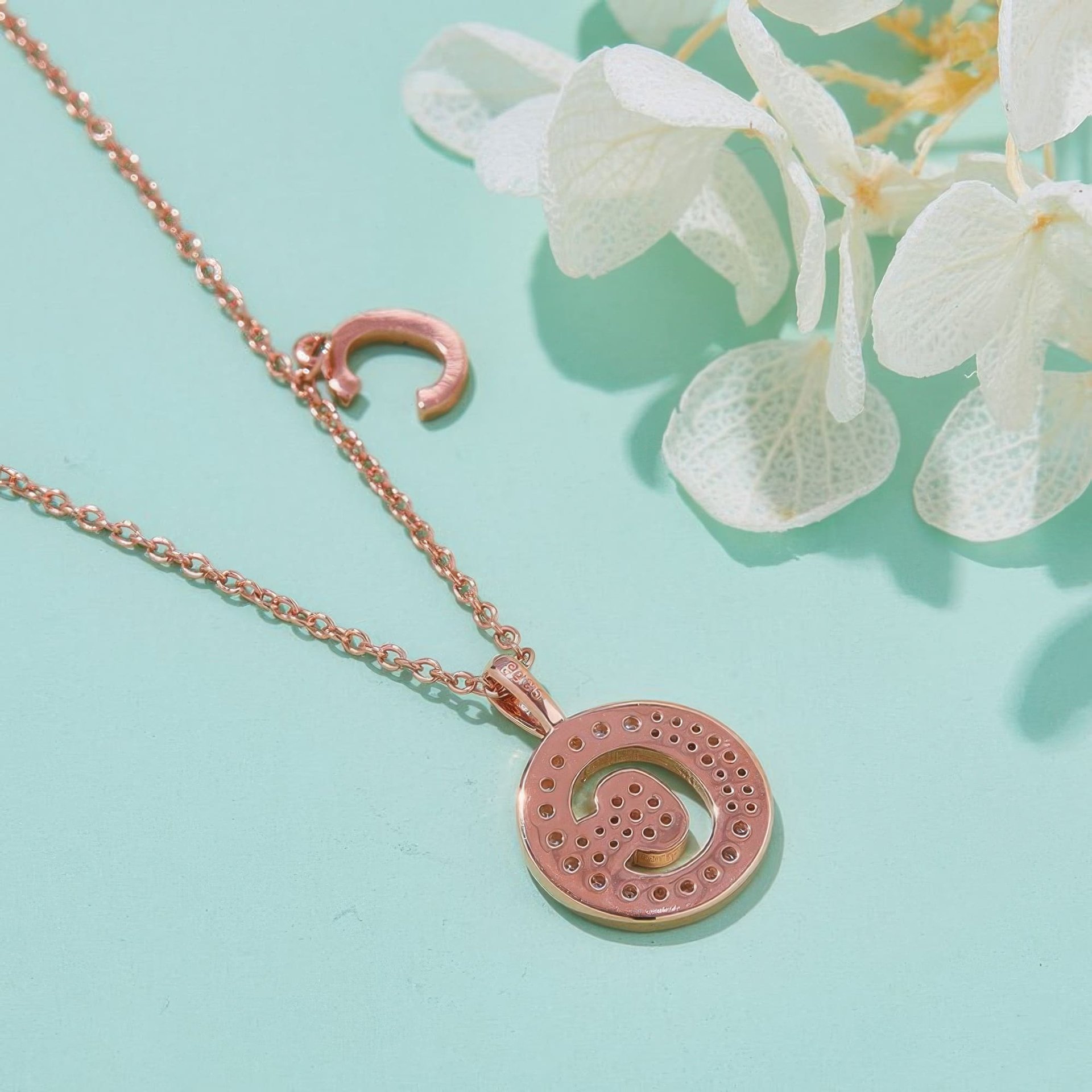 Initial C Moissanite Necklace | Pavé Round Disc Pendant | Rose Gold Plated 925 Silver - Image 3