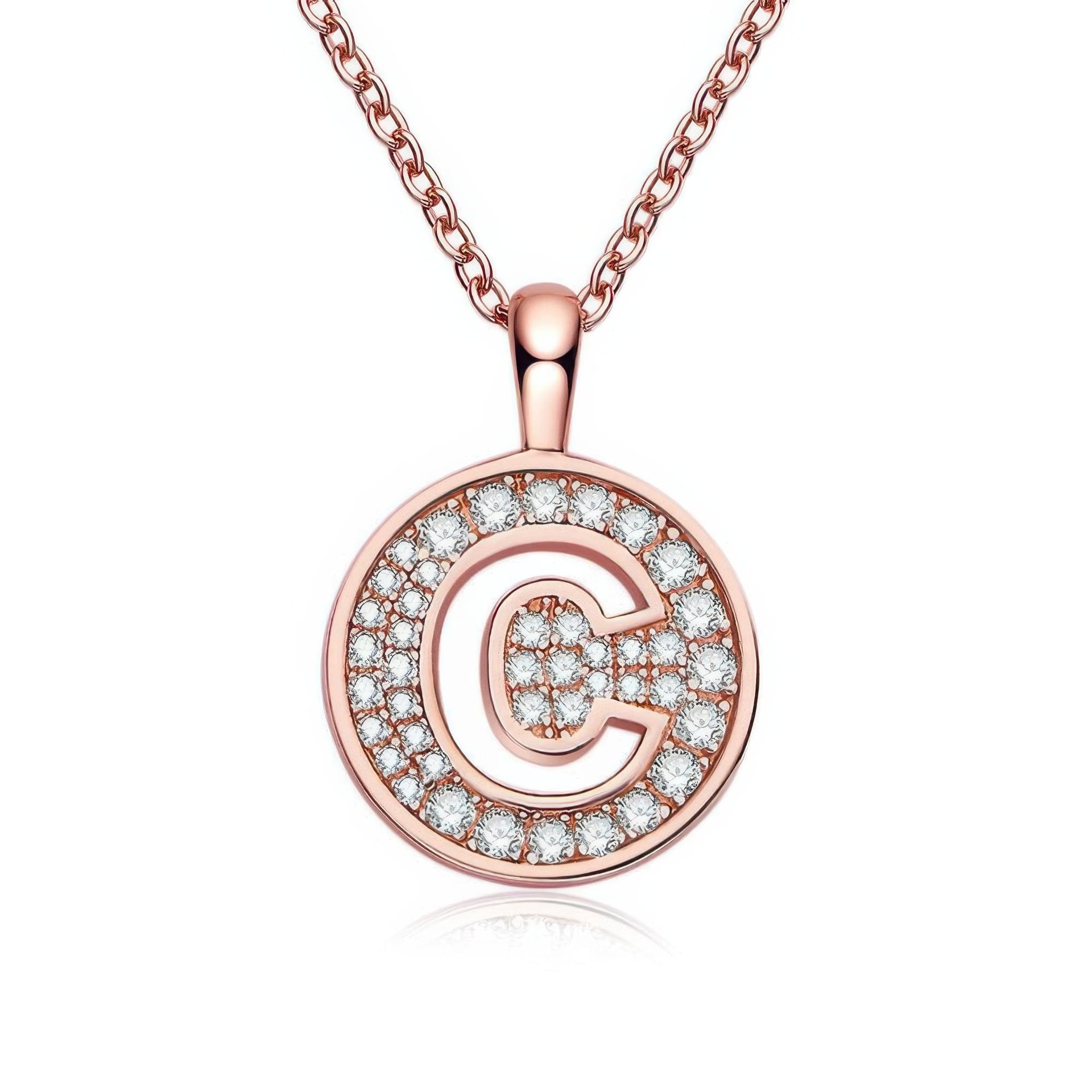 Initial C Moissanite Necklace | Pavé Round Disc Pendant | Rose Gold Plated 925 Silver