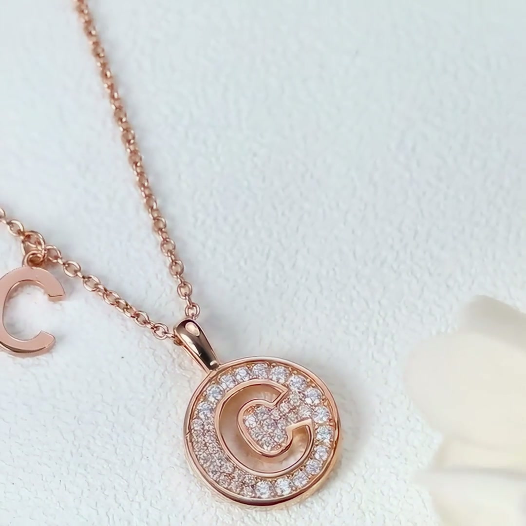 Initial C Moissanite Necklace | Pavé Round Disc Pendant | Rose Gold Plated 925 Silver product video thumbnail