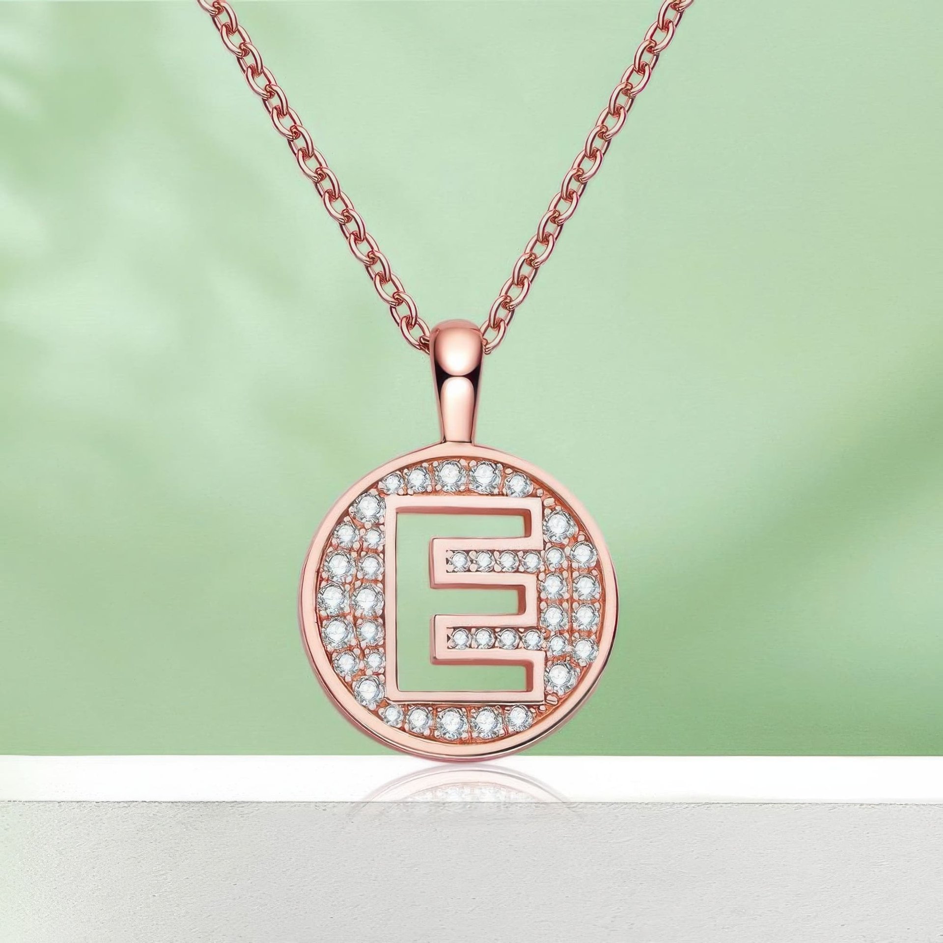 Initial E Moissanite Necklace | Pave Disc Pendant | 925 Sterling Silver Rose Gold Plated - Image 4