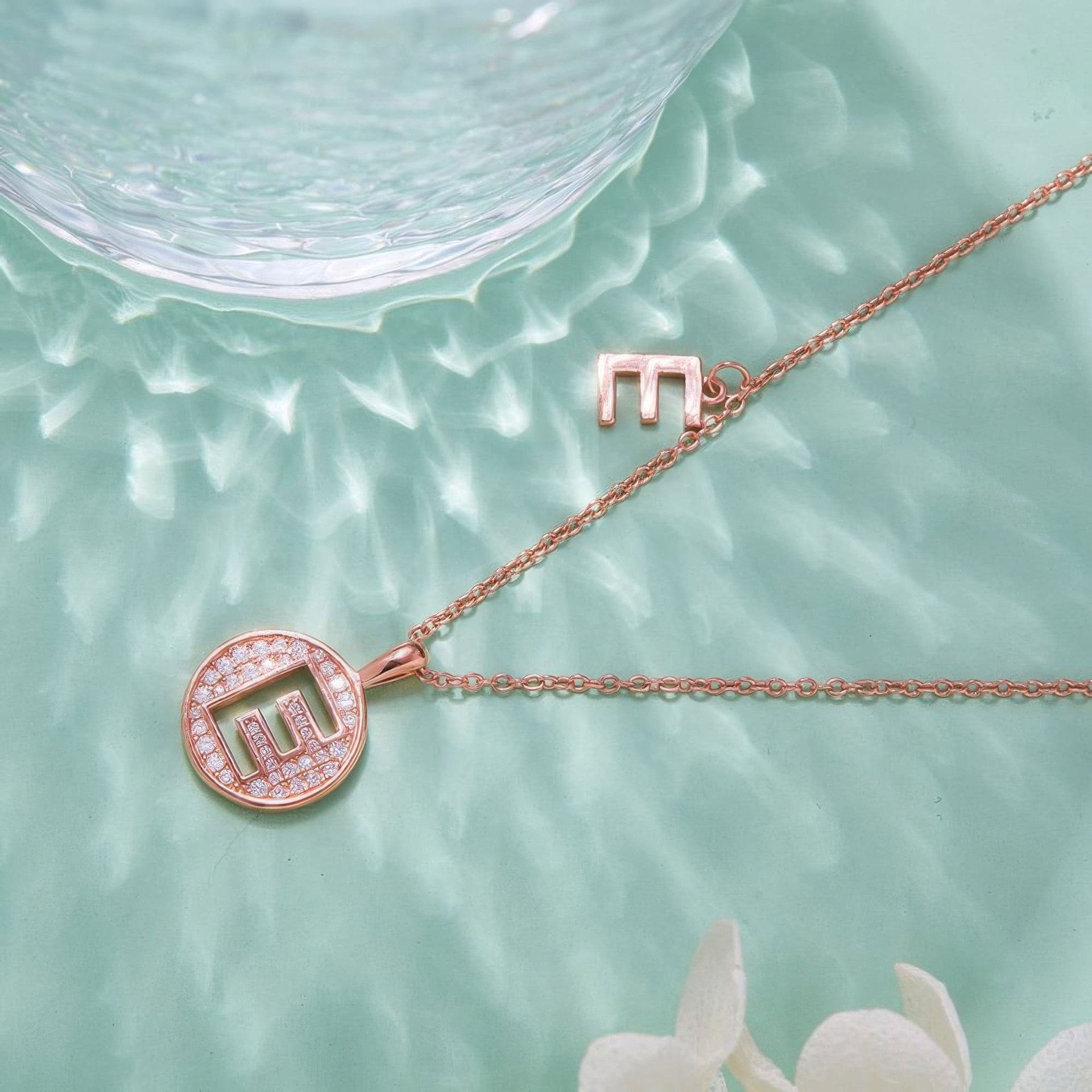Initial E Moissanite Necklace | Pave Disc Pendant | 925 Sterling Silver Rose Gold Plated - alternate view
