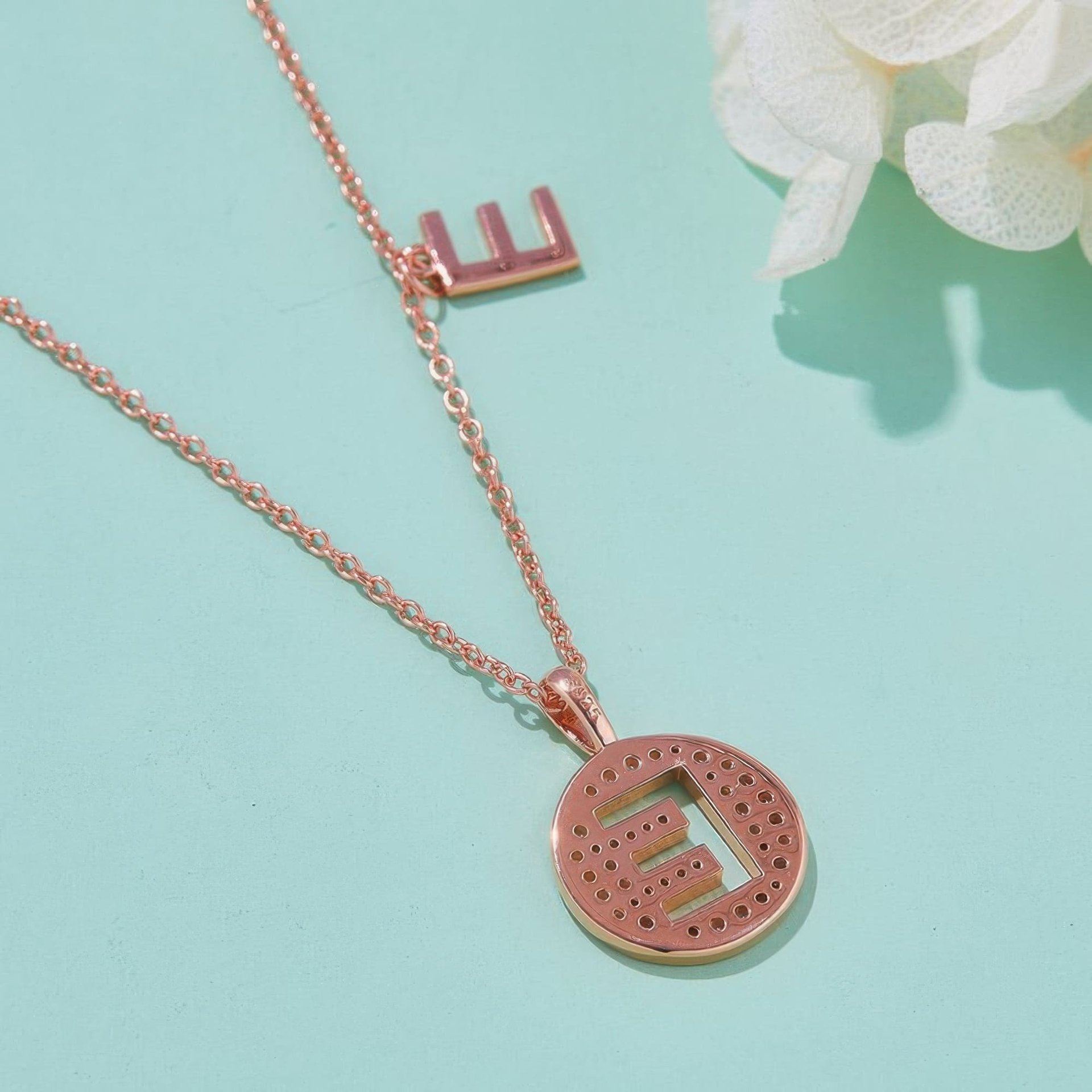 Initial E Moissanite Necklace | Pave Disc Pendant | 925 Sterling Silver Rose Gold Plated - Image 3