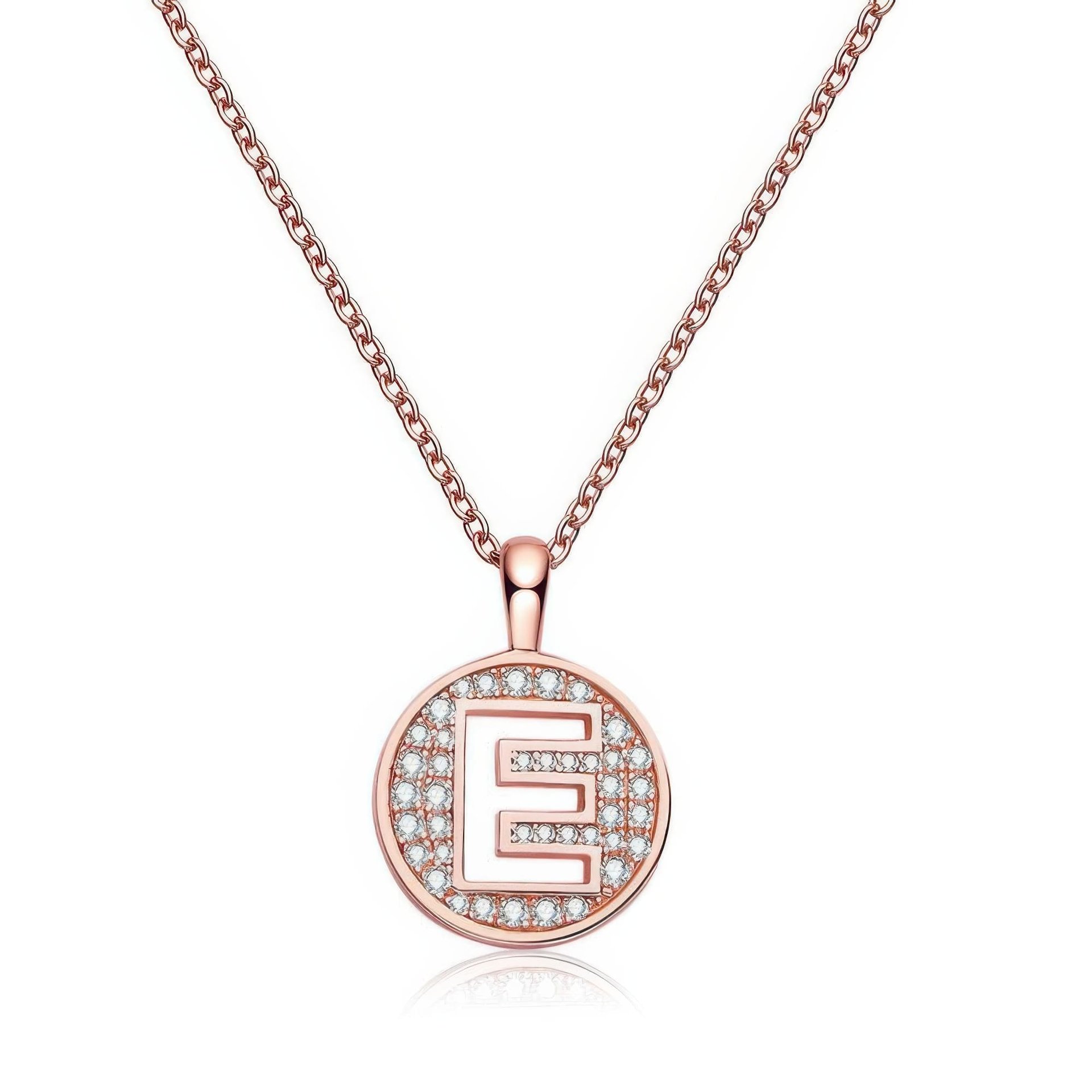Initial E Moissanite Necklace | Pave Disc Pendant | 925 Sterling Silver Rose Gold Plated