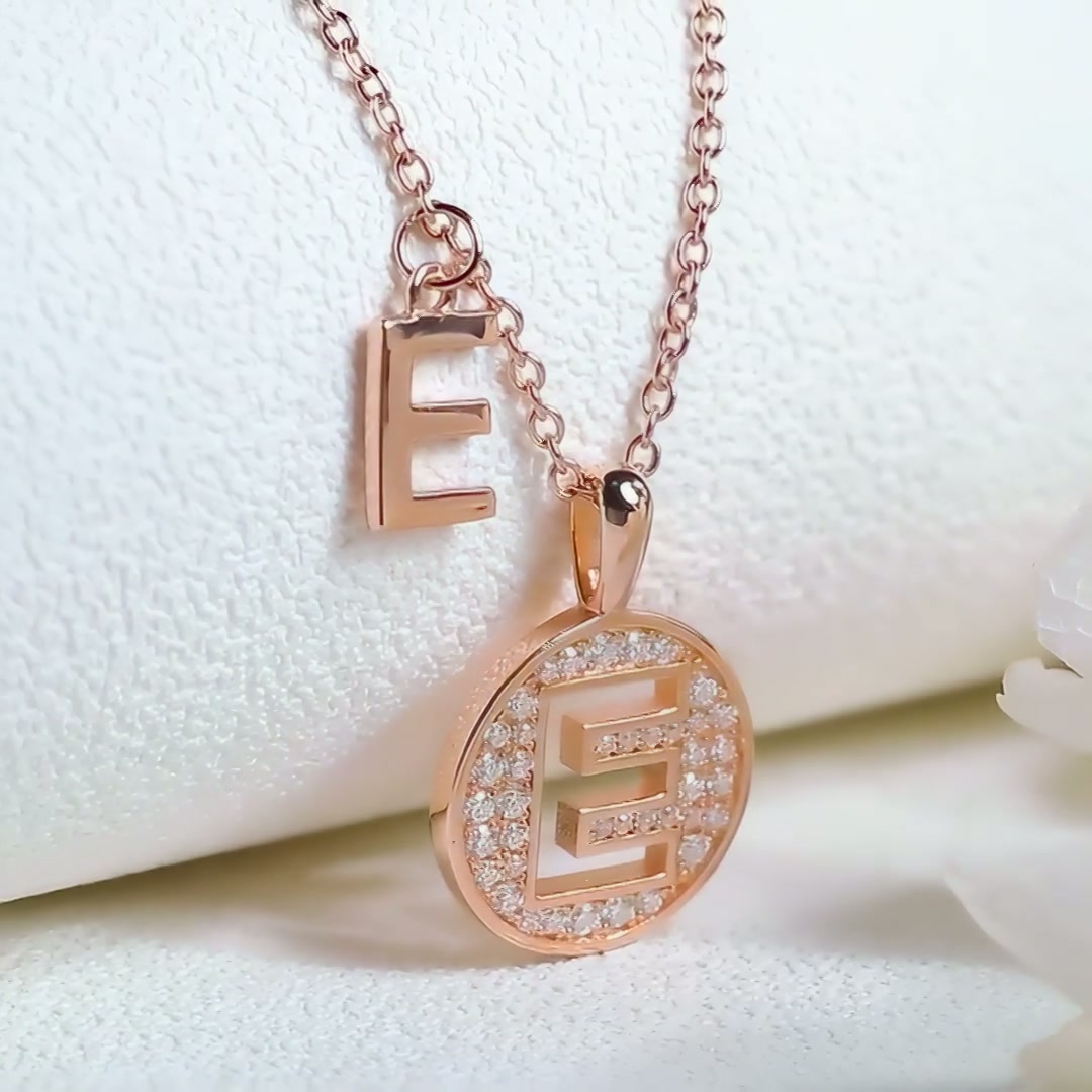 Initial E Moissanite Necklace | Pave Disc Pendant | 925 Sterling Silver Rose Gold Plated product video thumbnail