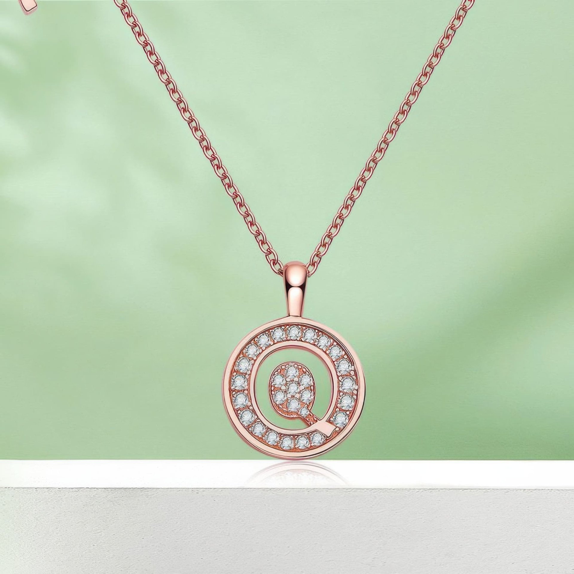 Initial Q Moissanite Necklace | Pave Halo Disc Pendant | 925 Sterling Silver Rose Gold Plated - Image 4