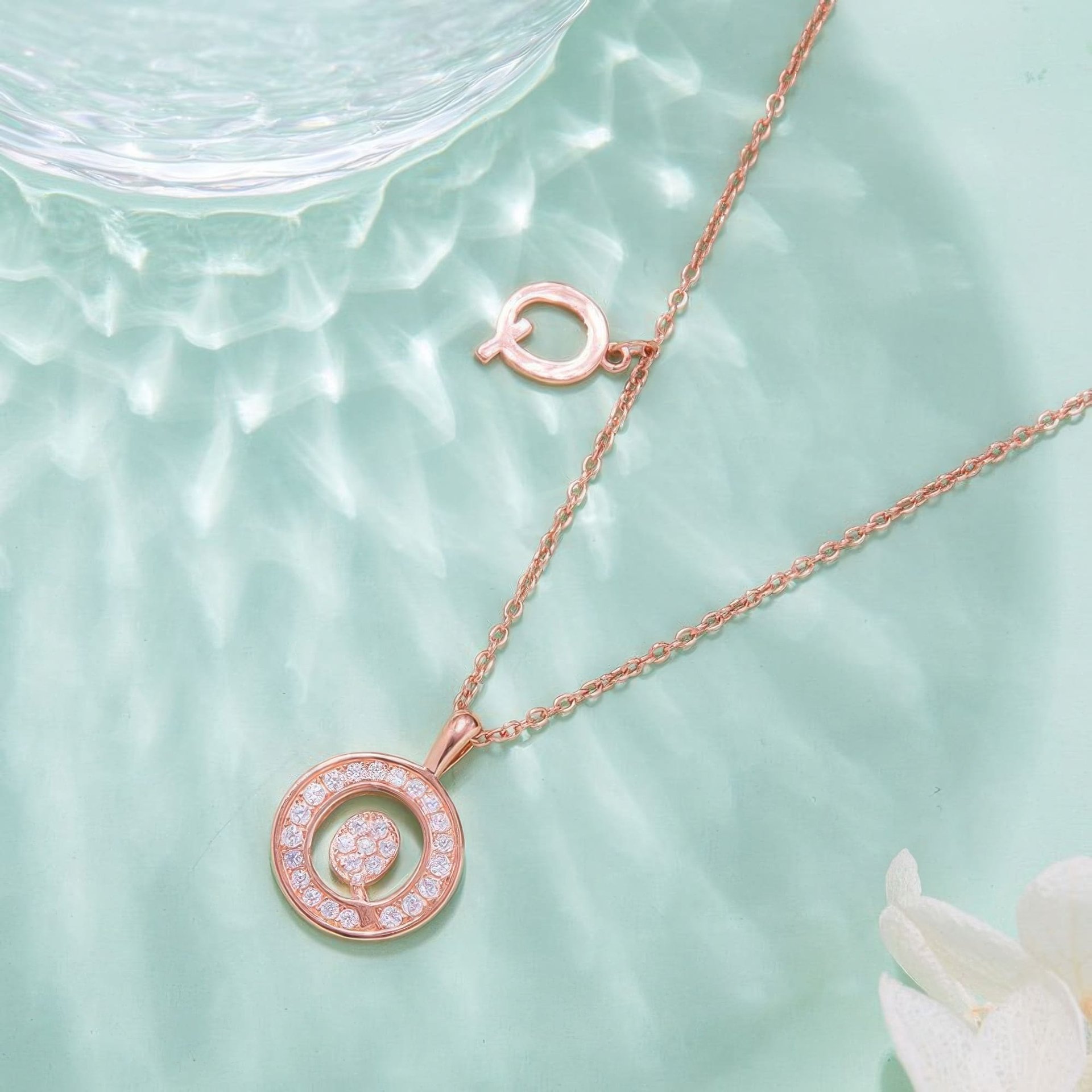 Initial Q Moissanite Necklace | Pave Halo Disc Pendant | 925 Sterling Silver Rose Gold Plated - alternate view