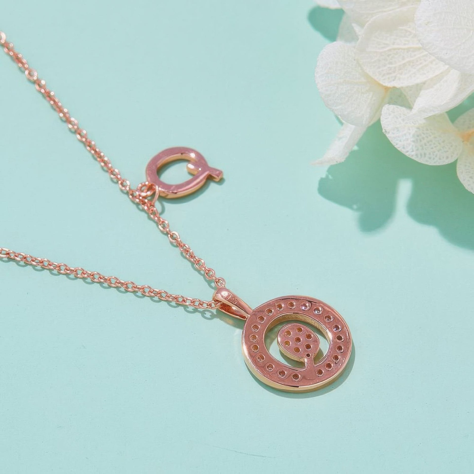 Initial Q Moissanite Necklace | Pave Halo Disc Pendant | 925 Sterling Silver Rose Gold Plated - Image 3