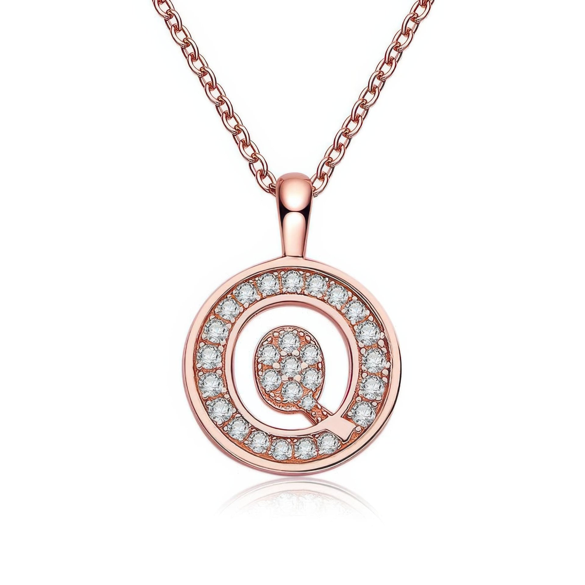 Initial Q Moissanite Necklace | Pave Halo Disc Pendant | 925 Sterling Silver Rose Gold Plated
