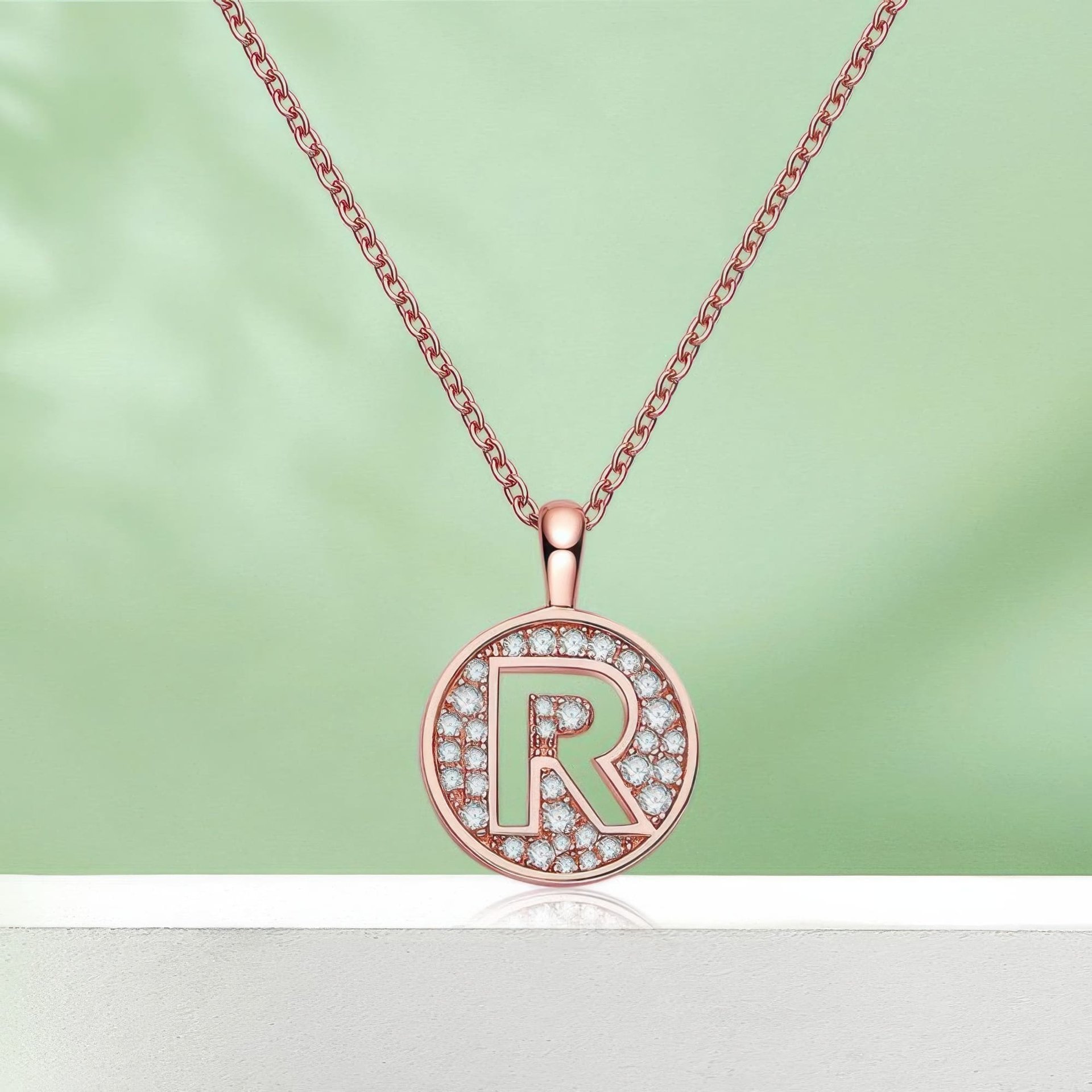 Initial R Moissanite Necklace | Pavé Round Disc Pendant | Rose Gold Plated 925 Silver - Image 4