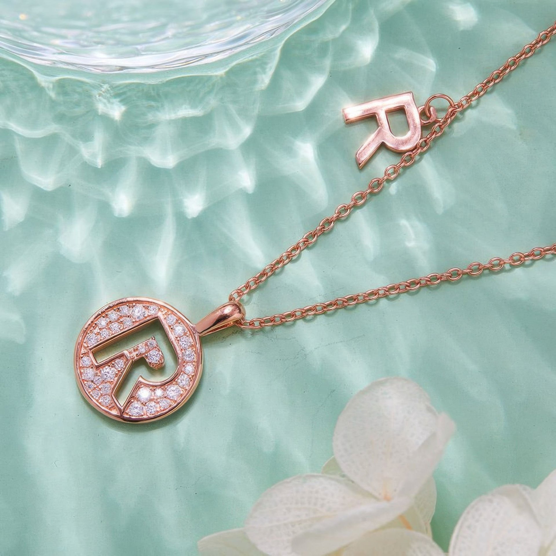 Initial R Moissanite Necklace | Pavé Round Disc Pendant | Rose Gold Plated 925 Silver - alternate view