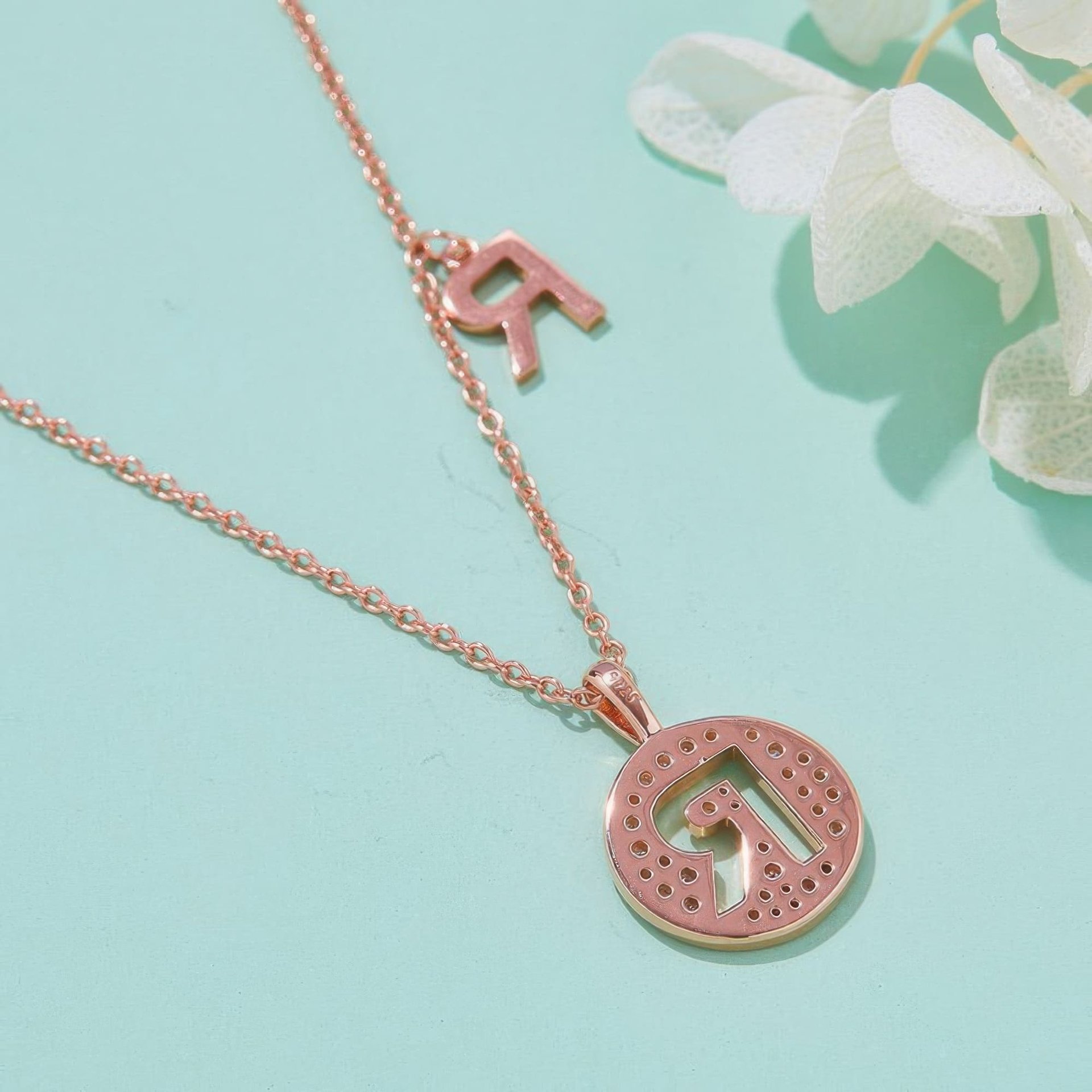 Initial R Moissanite Necklace | Pavé Round Disc Pendant | Rose Gold Plated 925 Silver - Image 3