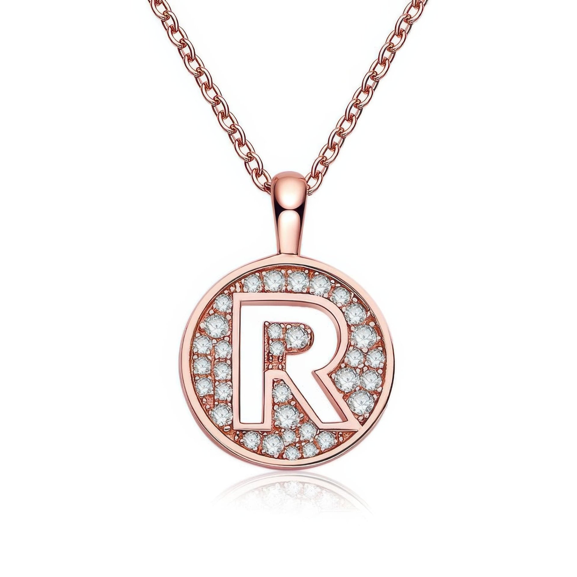 Initial R Moissanite Necklace | Pavé Round Disc Pendant | Rose Gold Plated 925 Silver