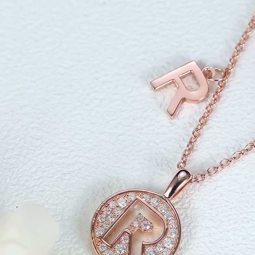 Initial R Moissanite Necklace | Pavé Round Disc Pendant | Rose Gold Plated 925 Silver product video thumbnail