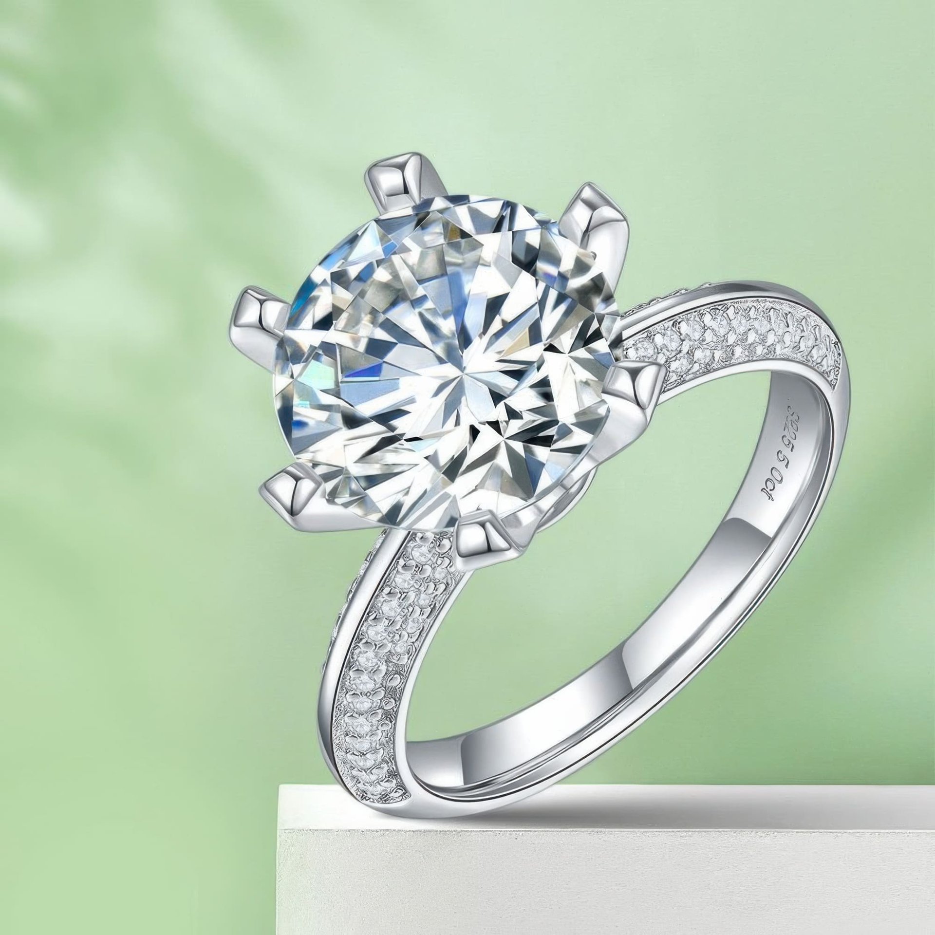 5ct Round Moissanite Crown Solitaire Ring | Pavé Shoulders | 925 Sterling Silver - Image 5