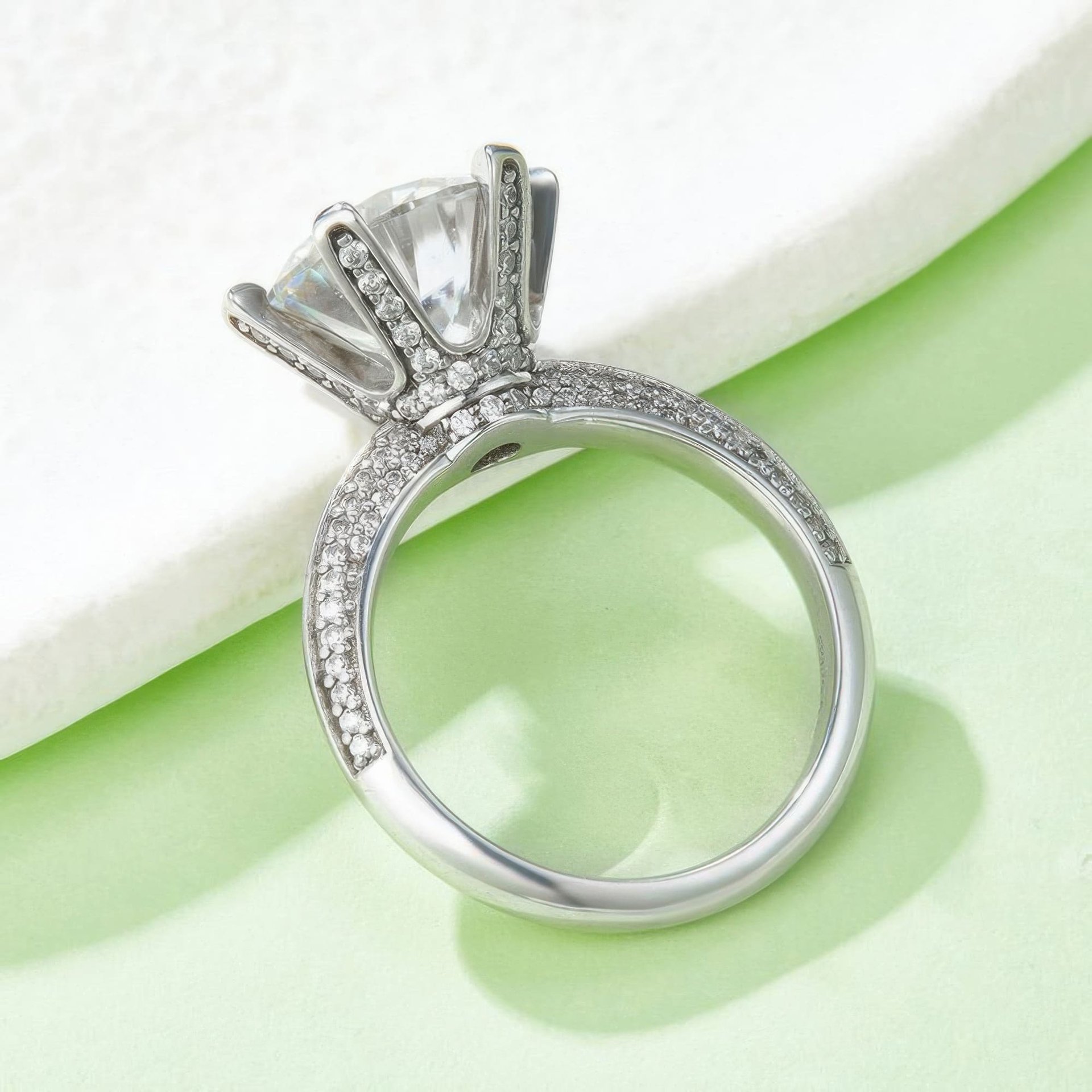 5ct Round Moissanite Crown Solitaire Ring | Pavé Shoulders | 925 Sterling Silver - Image 4