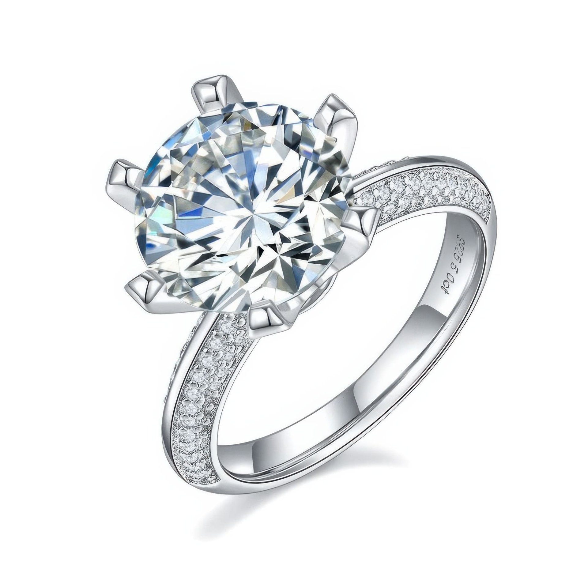 5ct Round Moissanite Crown Solitaire Ring | Pavé Shoulders | 925 Sterling Silver