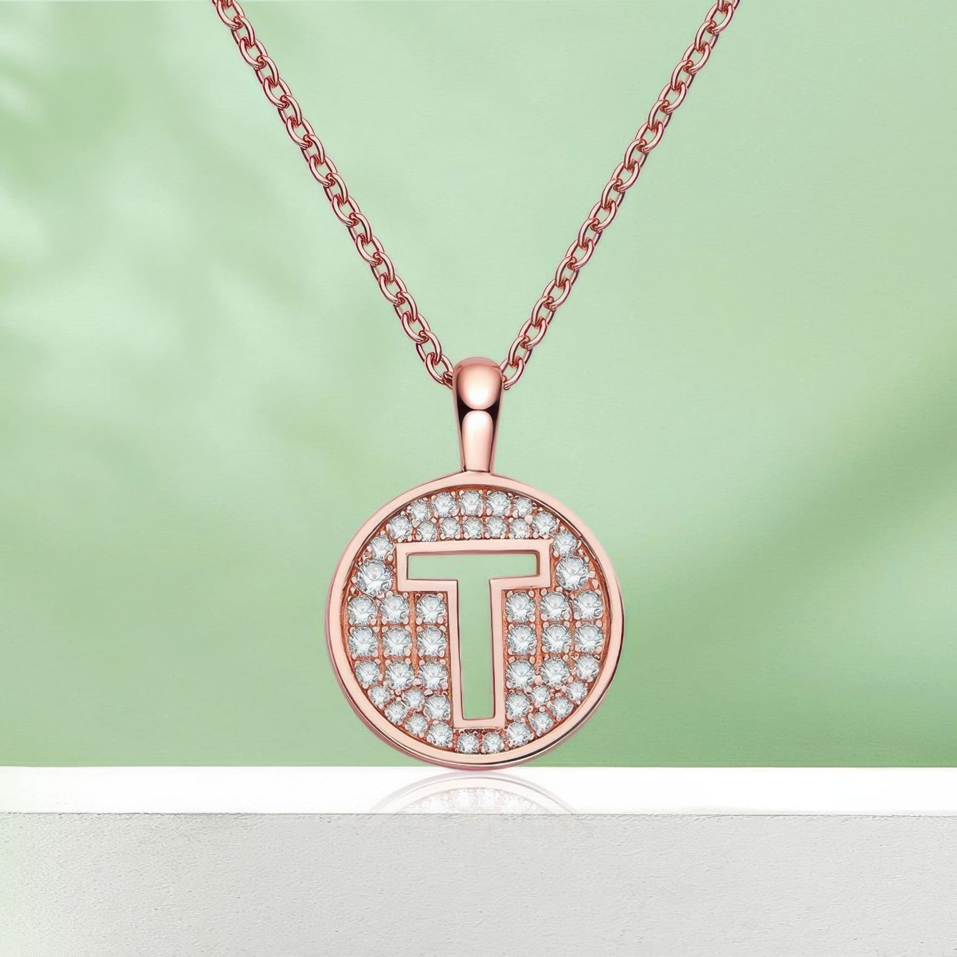 Initial T Moissanite Necklace | Pave Disc Pendant | 925 Silver Rose Gold Plated - Image 4