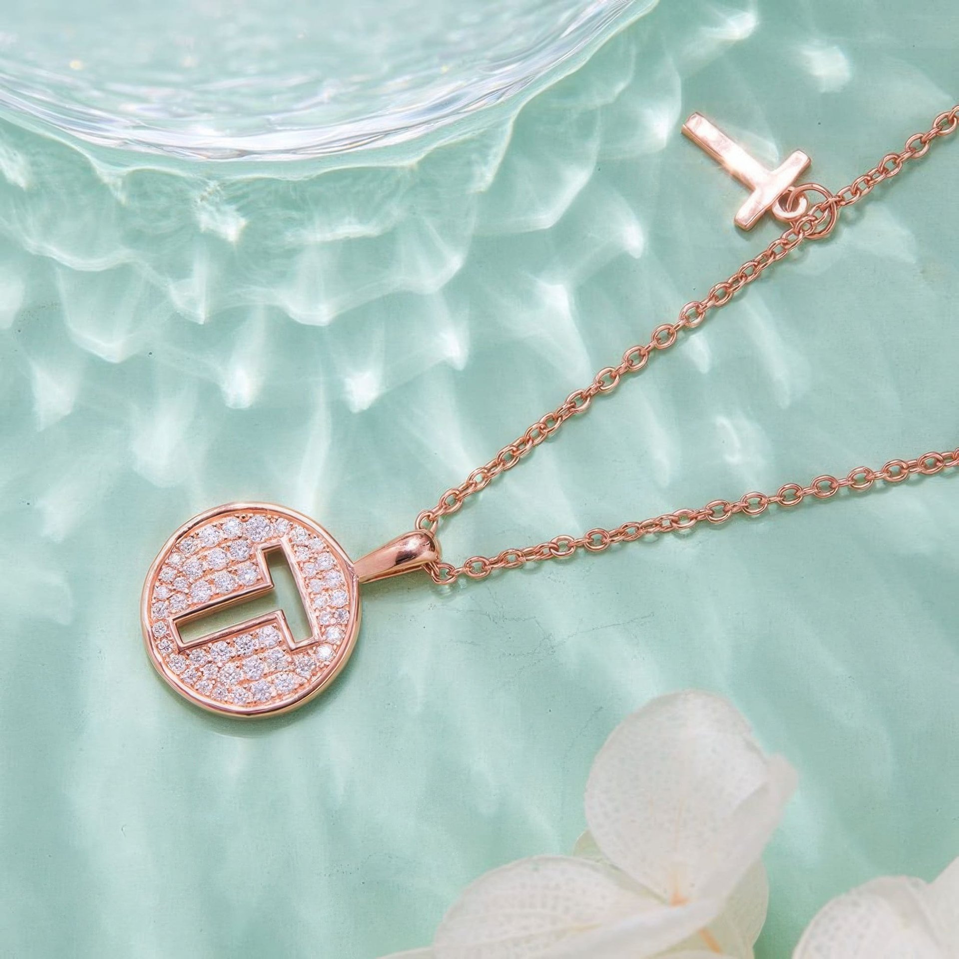 Initial T Moissanite Necklace | Pave Disc Pendant | 925 Silver Rose Gold Plated - alternate view