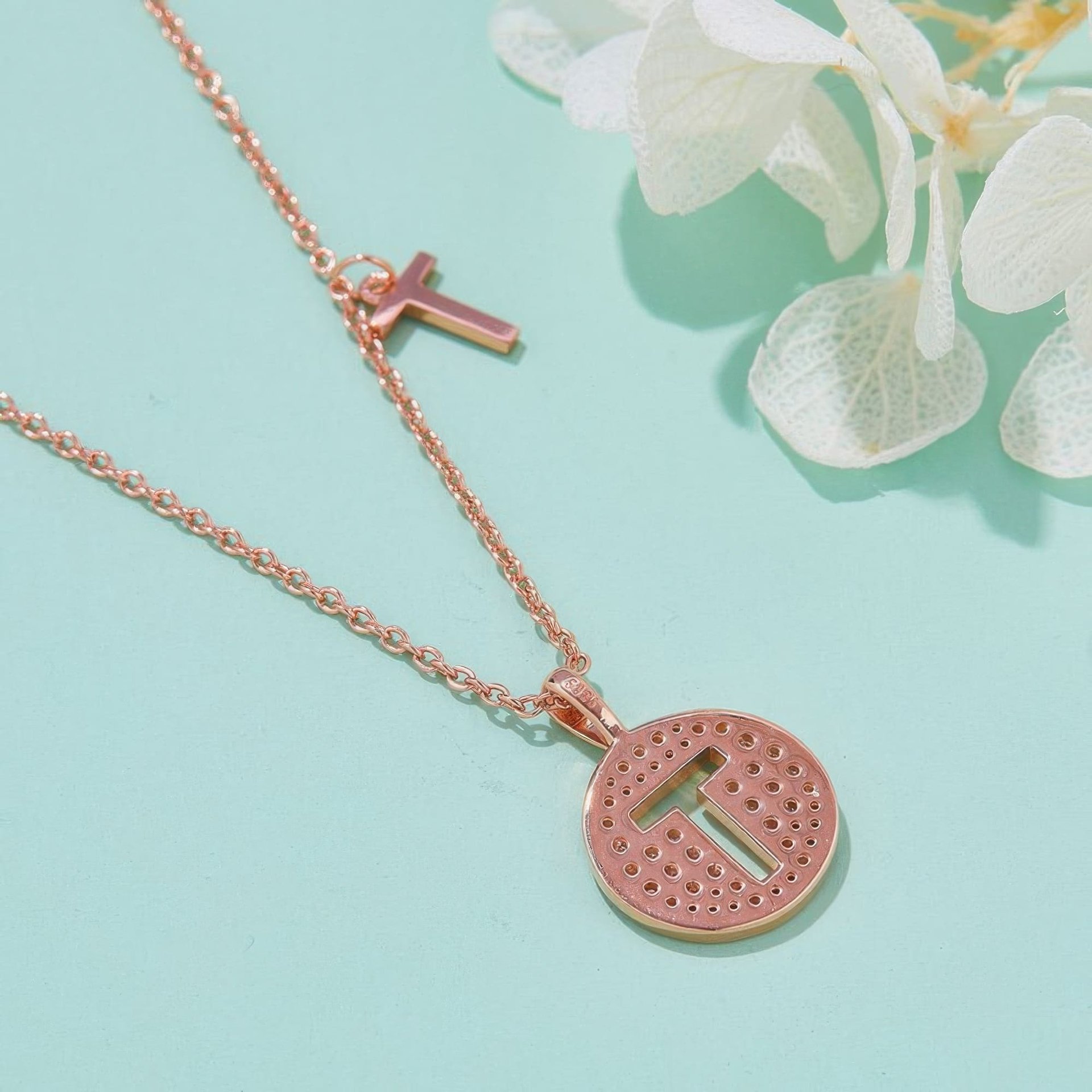 Initial T Moissanite Necklace | Pave Disc Pendant | 925 Silver Rose Gold Plated - Image 3