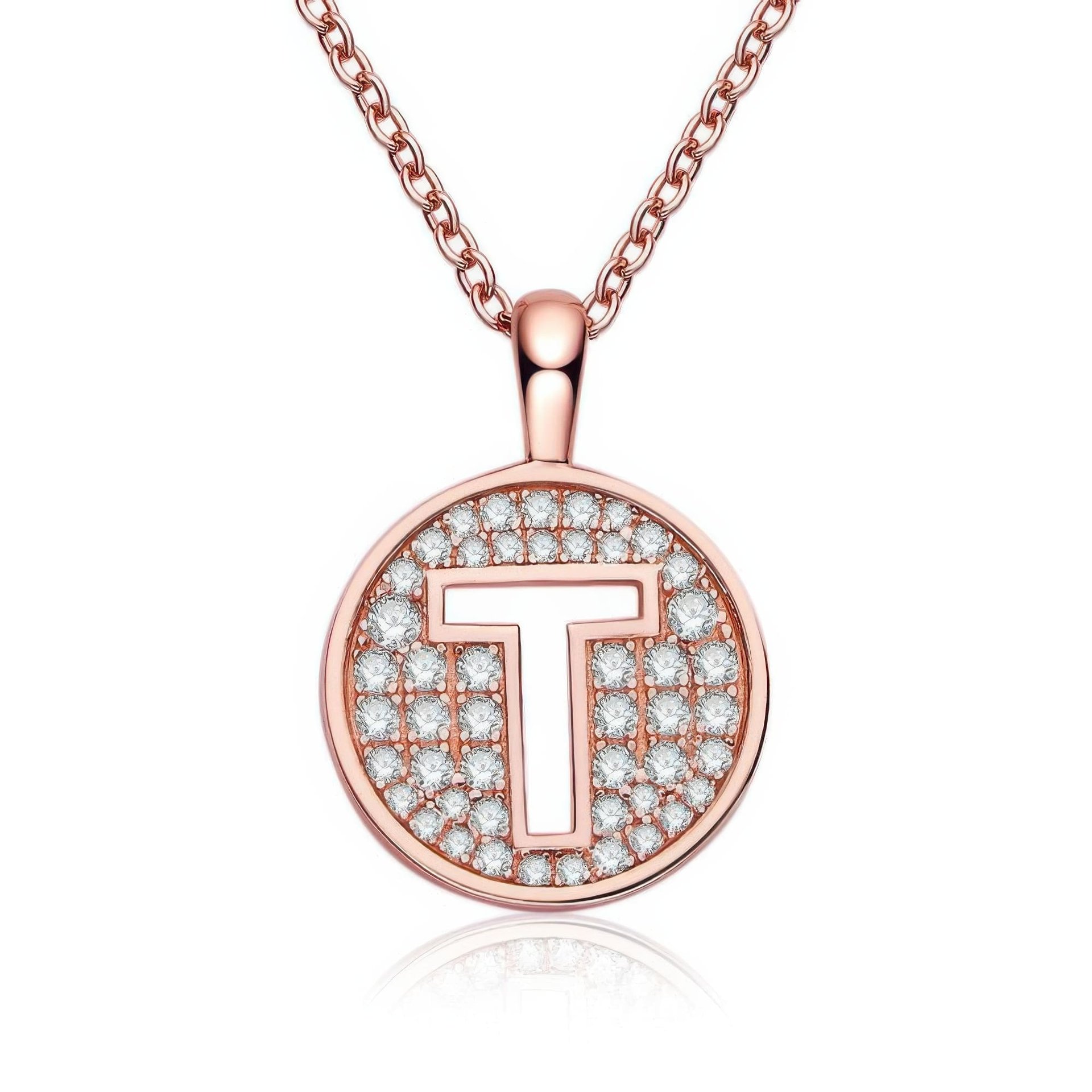 Initial T Moissanite Necklace | Pave Disc Pendant | 925 Silver Rose Gold Plated