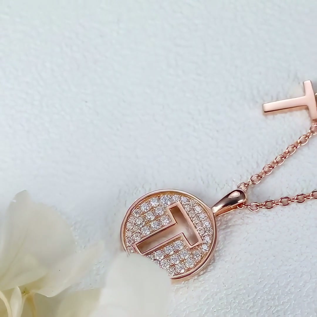 Initial T Moissanite Necklace | Pave Disc Pendant | 925 Silver Rose Gold Plated product video thumbnail