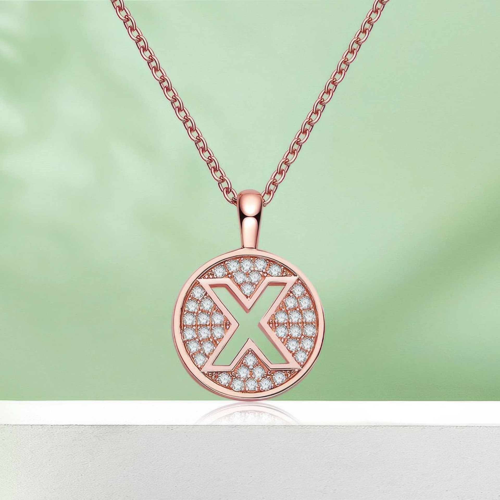 Initial X Moissanite Disc Pendant Necklace | Rose Gold Plated 925 Sterling Silver - Image 4