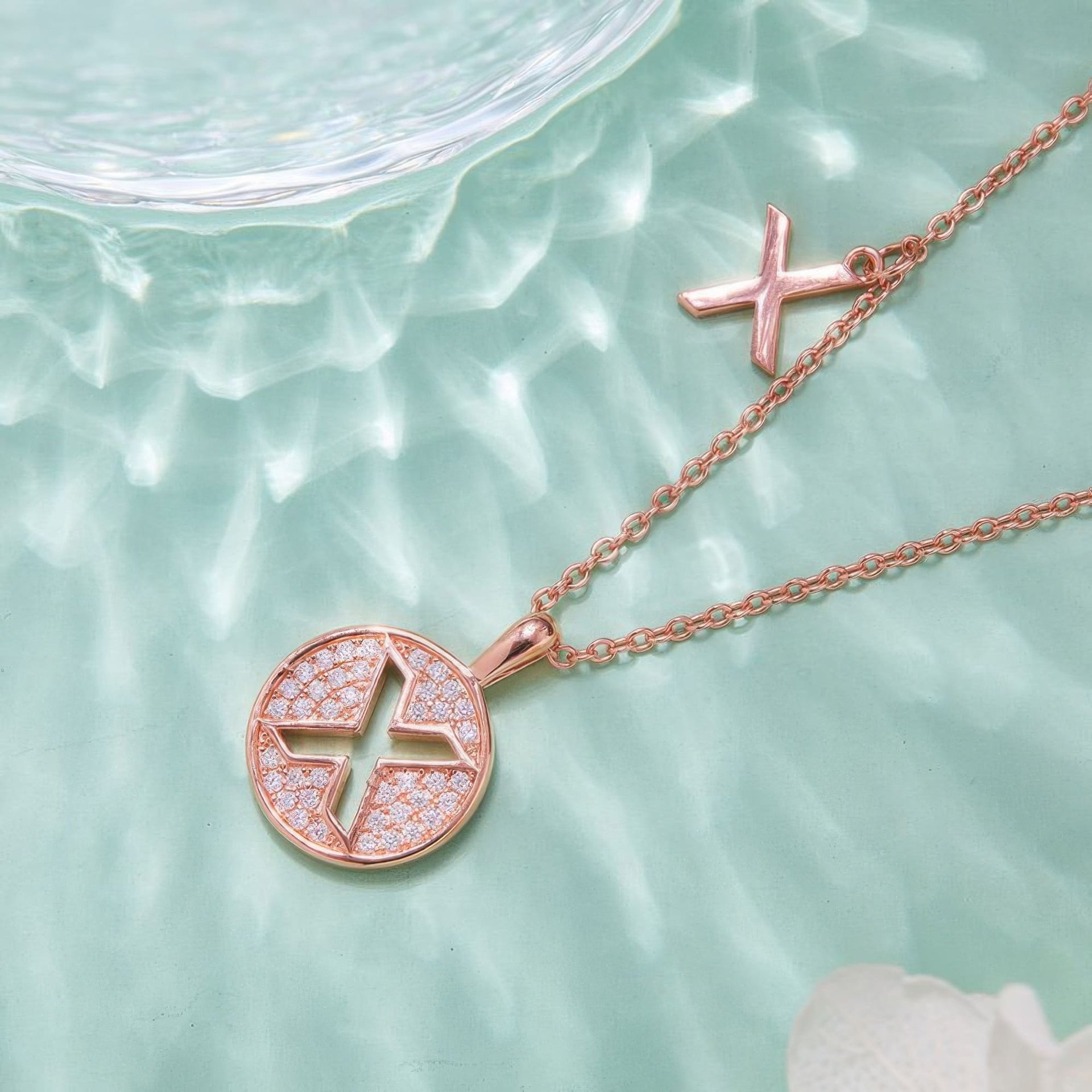 Initial X Moissanite Disc Pendant Necklace | Rose Gold Plated 925 Sterling Silver - alternate view
