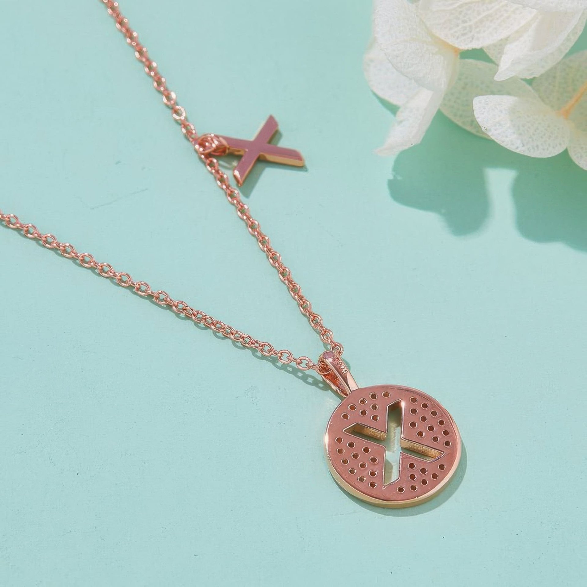 Initial X Moissanite Disc Pendant Necklace | Rose Gold Plated 925 Sterling Silver - Image 3