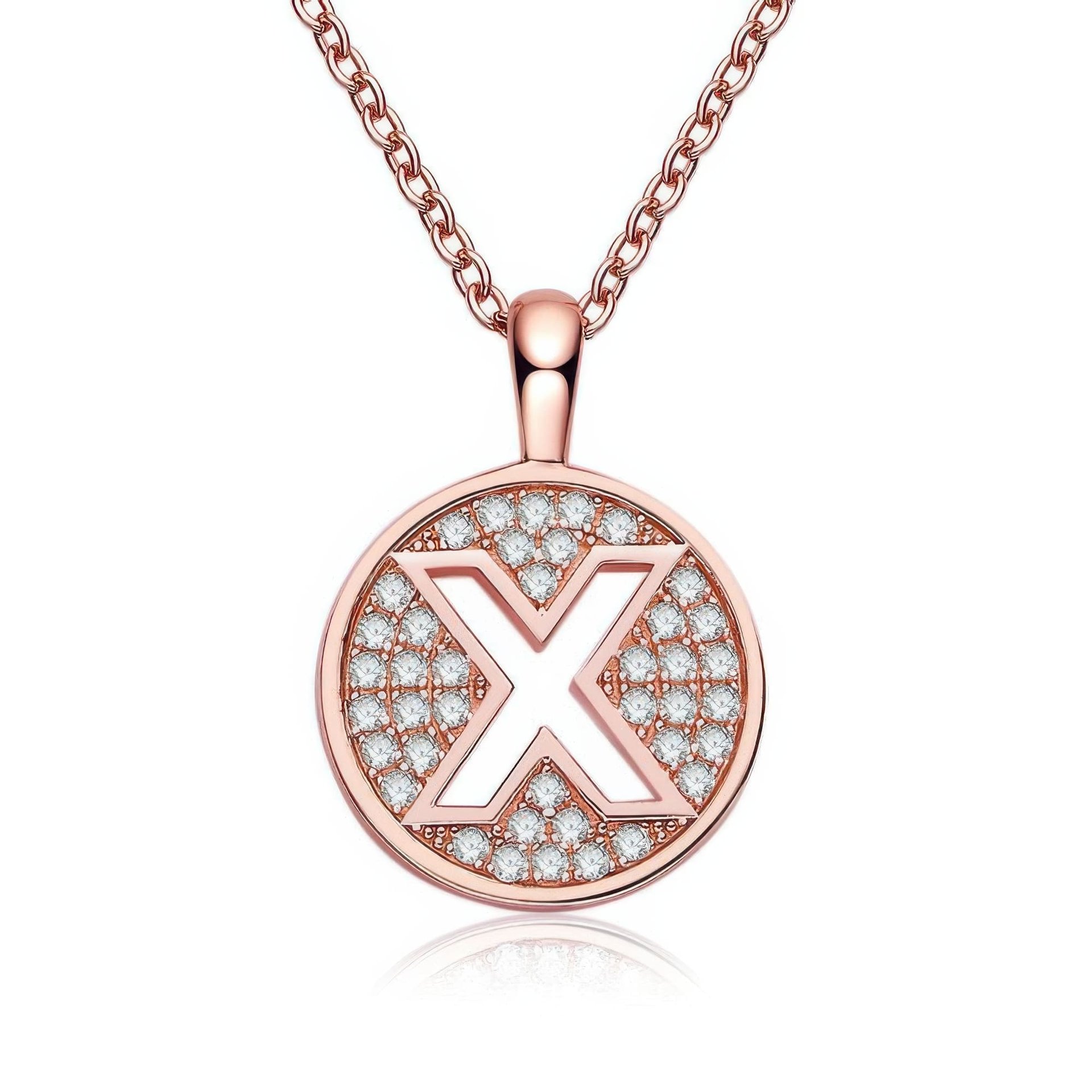 Initial X Moissanite Disc Pendant Necklace | Rose Gold Plated 925 Sterling Silver