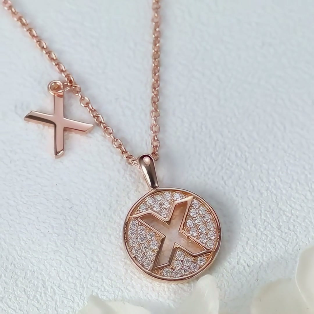 Initial X Moissanite Disc Pendant Necklace | Rose Gold Plated 925 Sterling Silver product video thumbnail